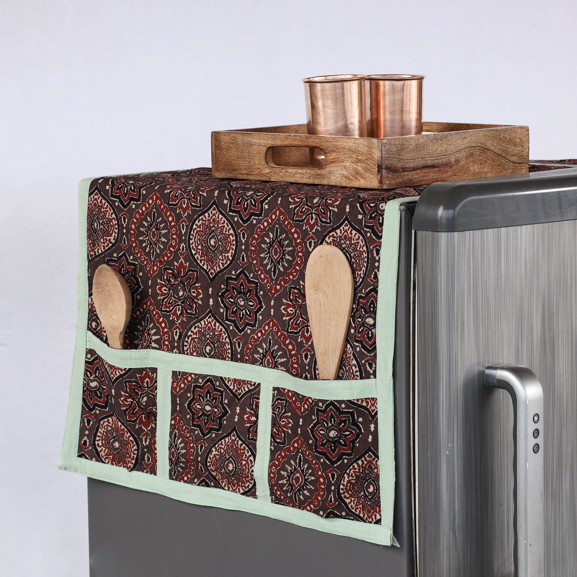 JALPARI Brown - Ajrakh Block Printed Cotton Fridge Top Cover with Multiple Pockets