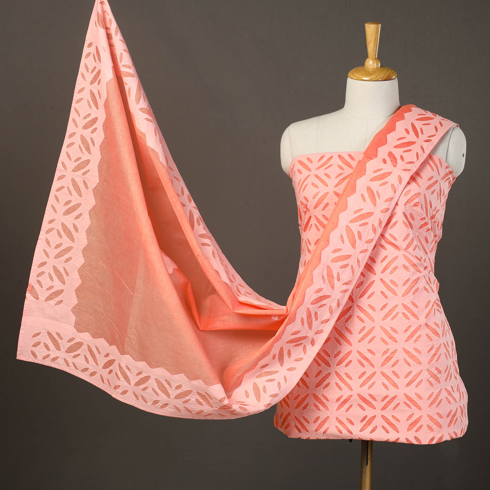 SHADES OF MARUDHARA Peach - 3pc Cut Work Cotton Barmer Applique Dress Material 11