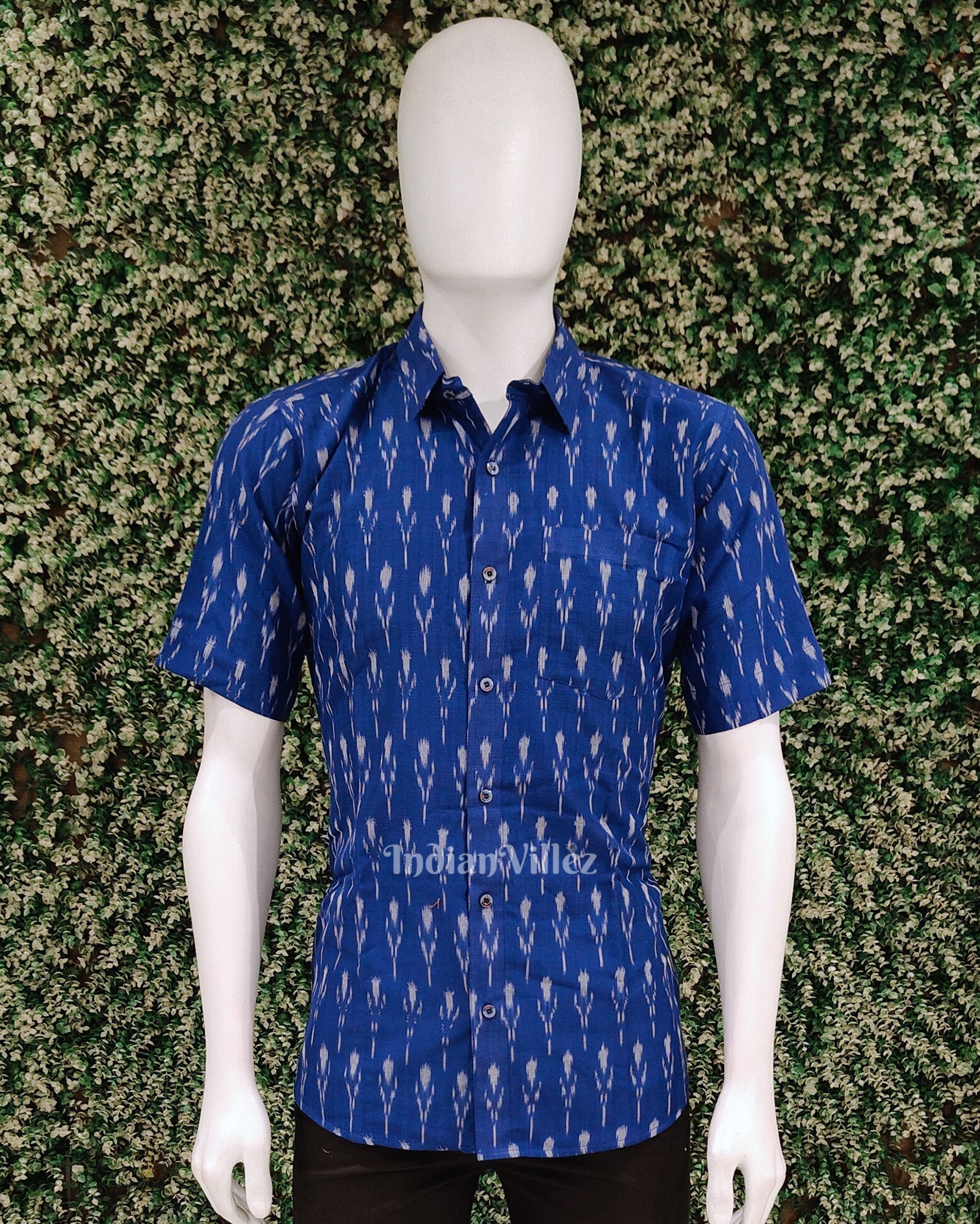 IndianVillèz Blue Pochampally Ikat Cotton Half Sleeve Shirt for Men
