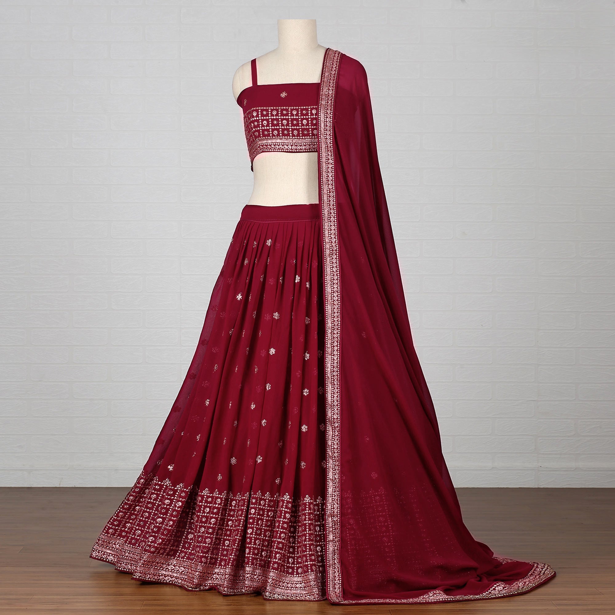 Peachmode Maroon Embroidered Georgette Lehenga Choli