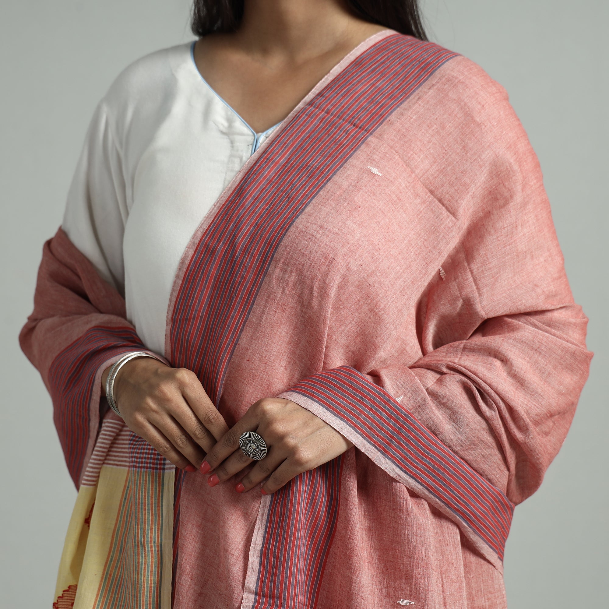 ARTISAN DIRECT BY CREATIVE DIGNITY Brown - Bengal Jamdani Buti Handloom Cotton Dupatta with Tassels 35 - view 3