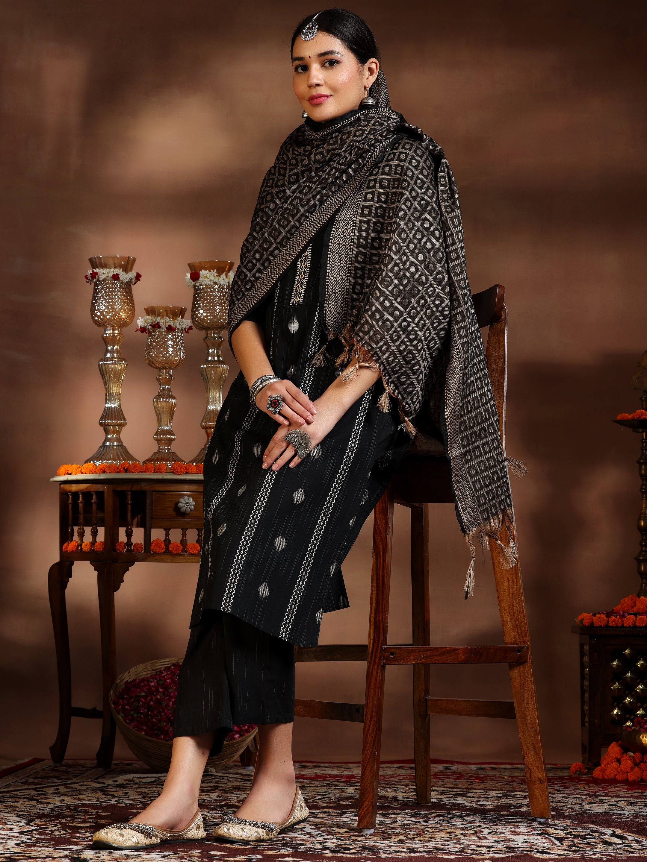 Libas Black Woven Design Cotton Blend Straight Suit With Dupatta