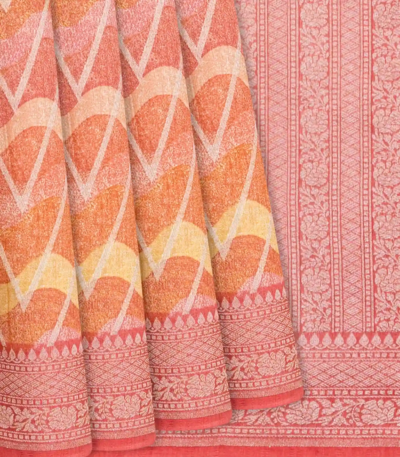 RmKV Peach Handwoven Printed Tussar Silk Saree With Chevron Motifs-Peach