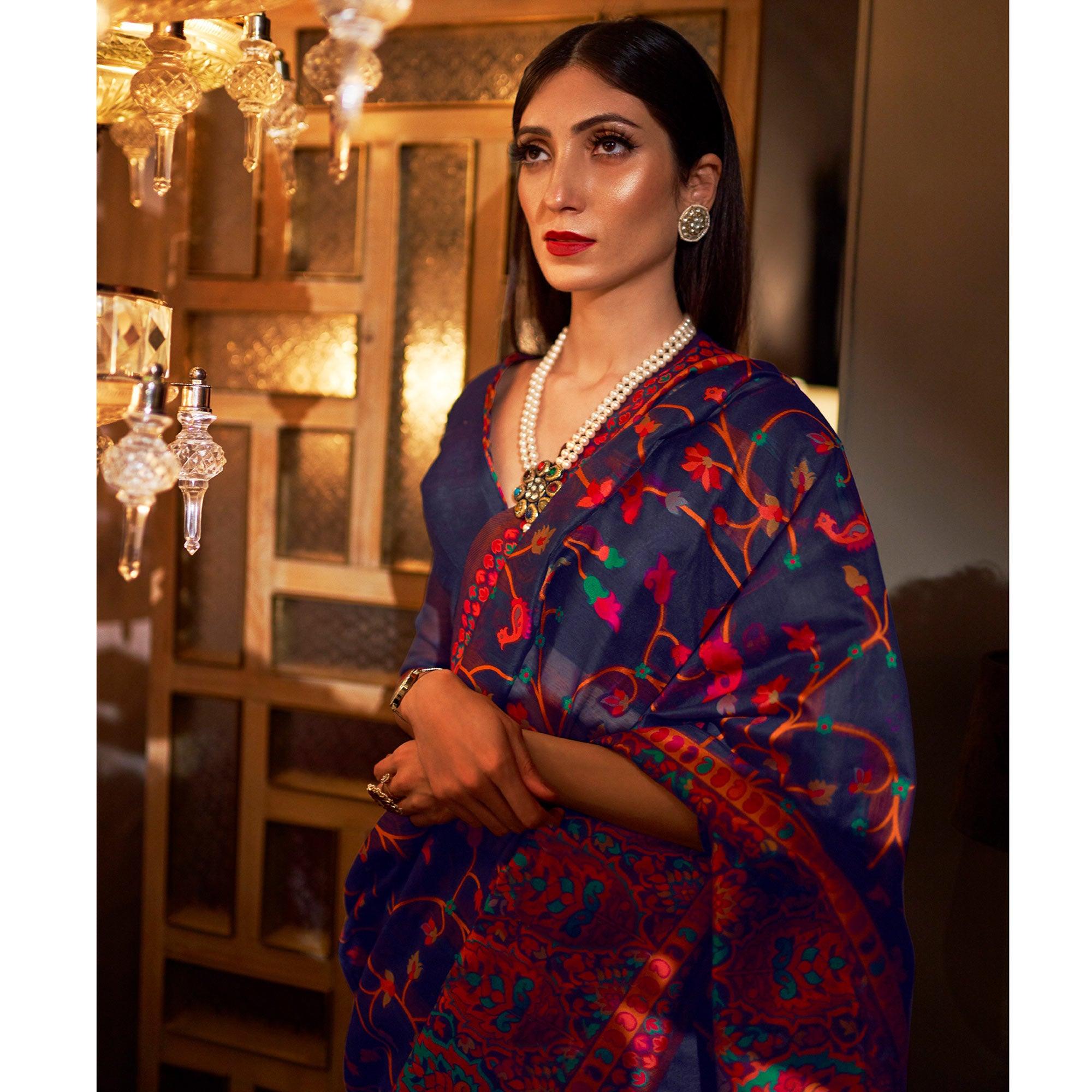 Peachmode Mesmeric Dark Blue Colored Festive Wear Woven Chanderi Saree - view 2