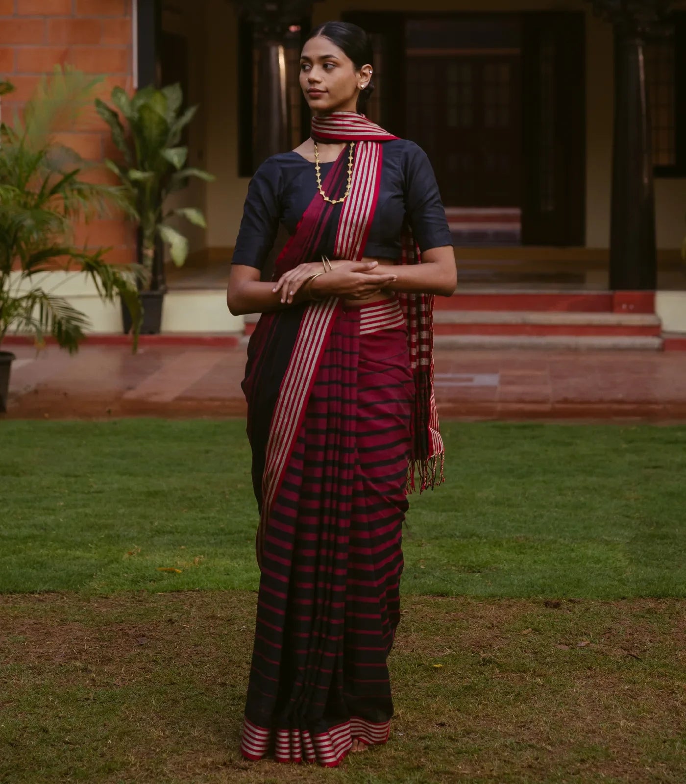 RmKV Maroon Handloom Bengal Cotton Saree With Red and Black Gradient stripes