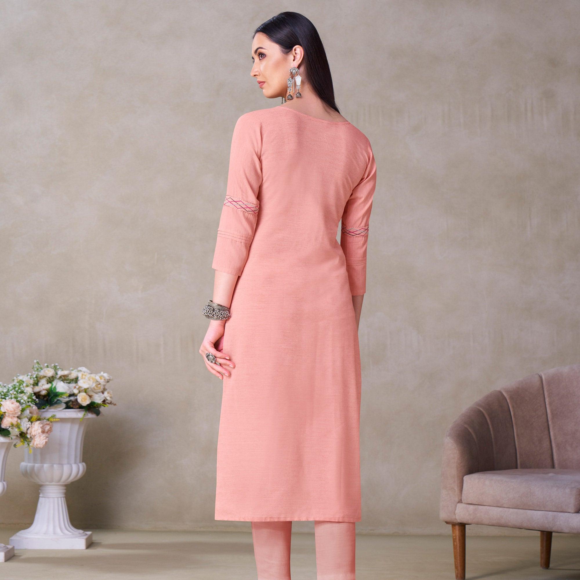 Peachmode Seller Glorious Peach Colored Partywear Embroidered Viscose Kurti - view 3