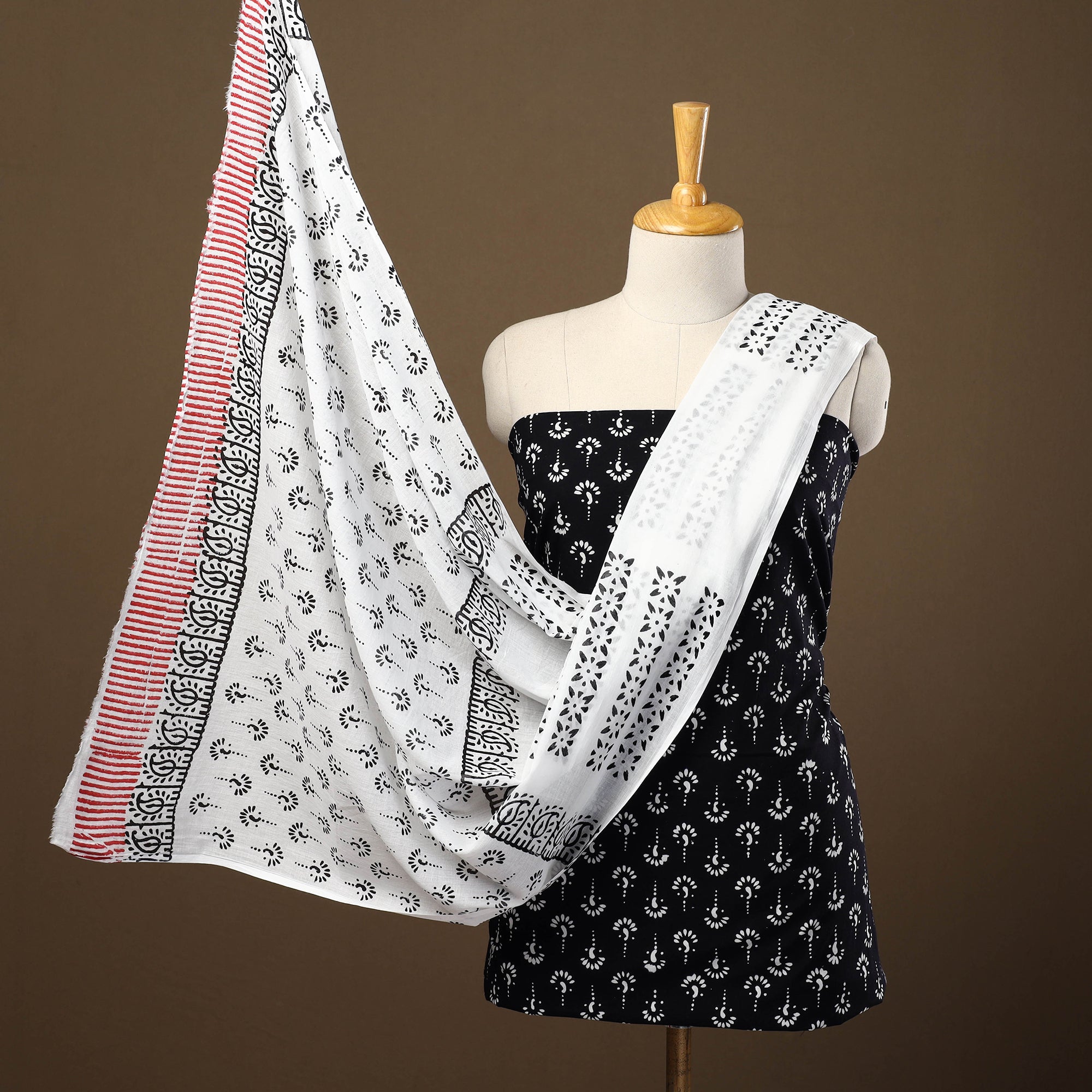 ARTISAN HAND BLOCK PRINTS Black - 3pc Sanganeri Block Print Cotton Dress Material 06