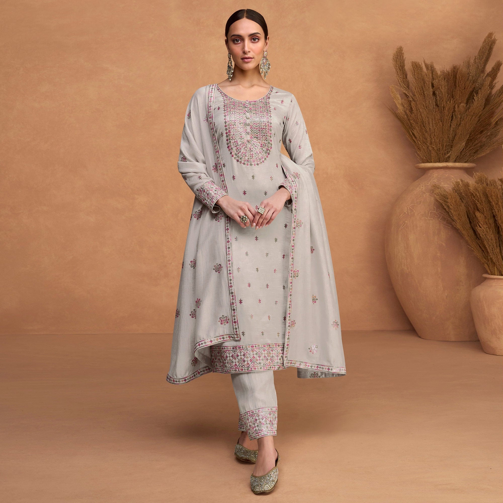 Peachmode Grey Sequins Embroidered Pure Silk Semi Stitched Suit - view 2
