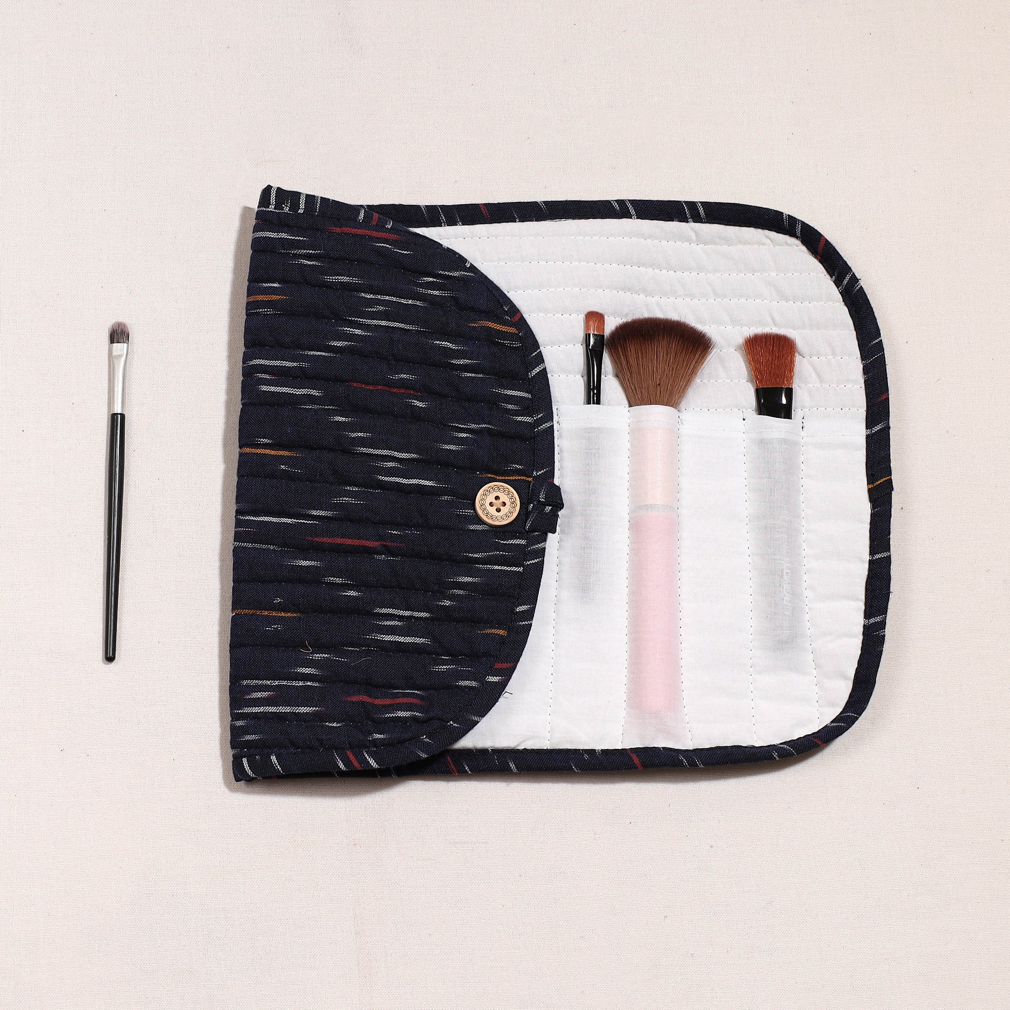 NOORI BAZAR Black - Ikat Fabric Multipurpose Segmented Make-up Brush Wrap Pouch/Case