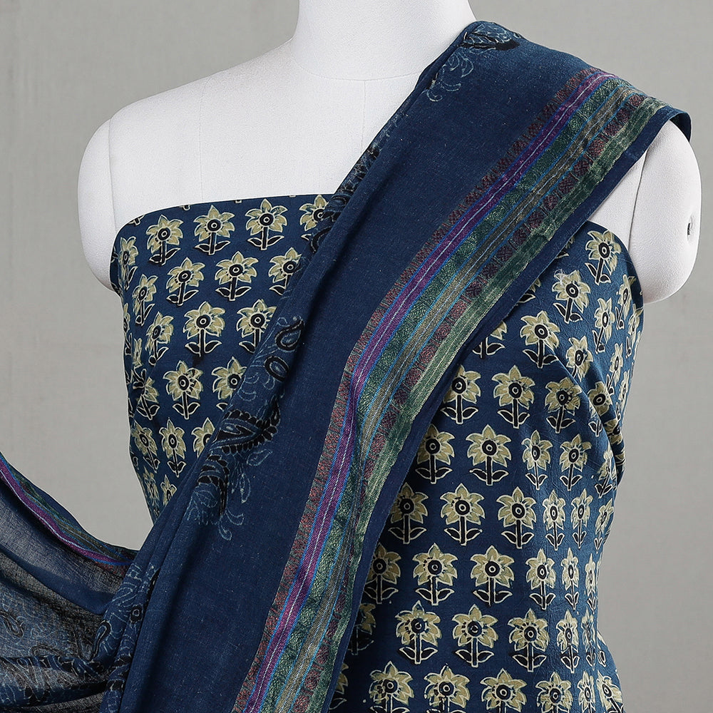 KACHCHH JI CHHAAP Blue - 3pc Ajrakh Block Printed Cotton Suit Material Set - view 3