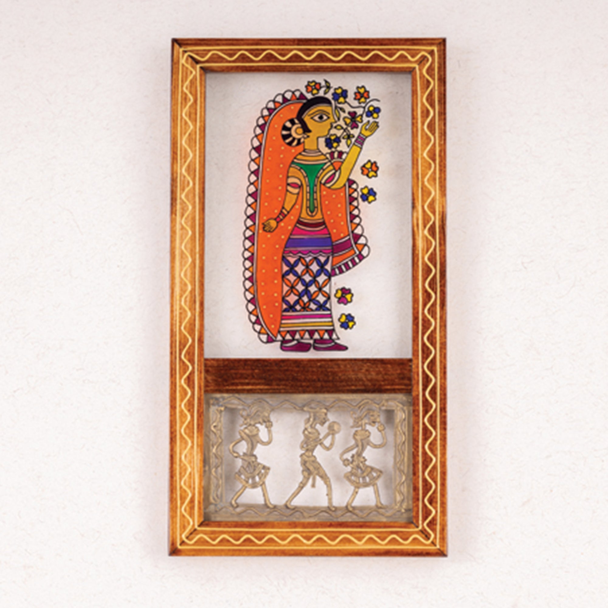 INDIHANDS Bhavati - Hand-Painted Glass Fusion Madhubani Lady Wall Art Frame