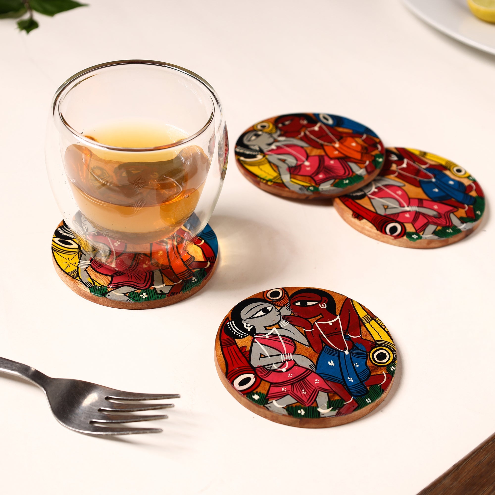ITOKRI CRAFTS INITIATIVE Bengal Patua Handpainted Akashmoni Wooden Coasters (Set of 4) 24 - view 3