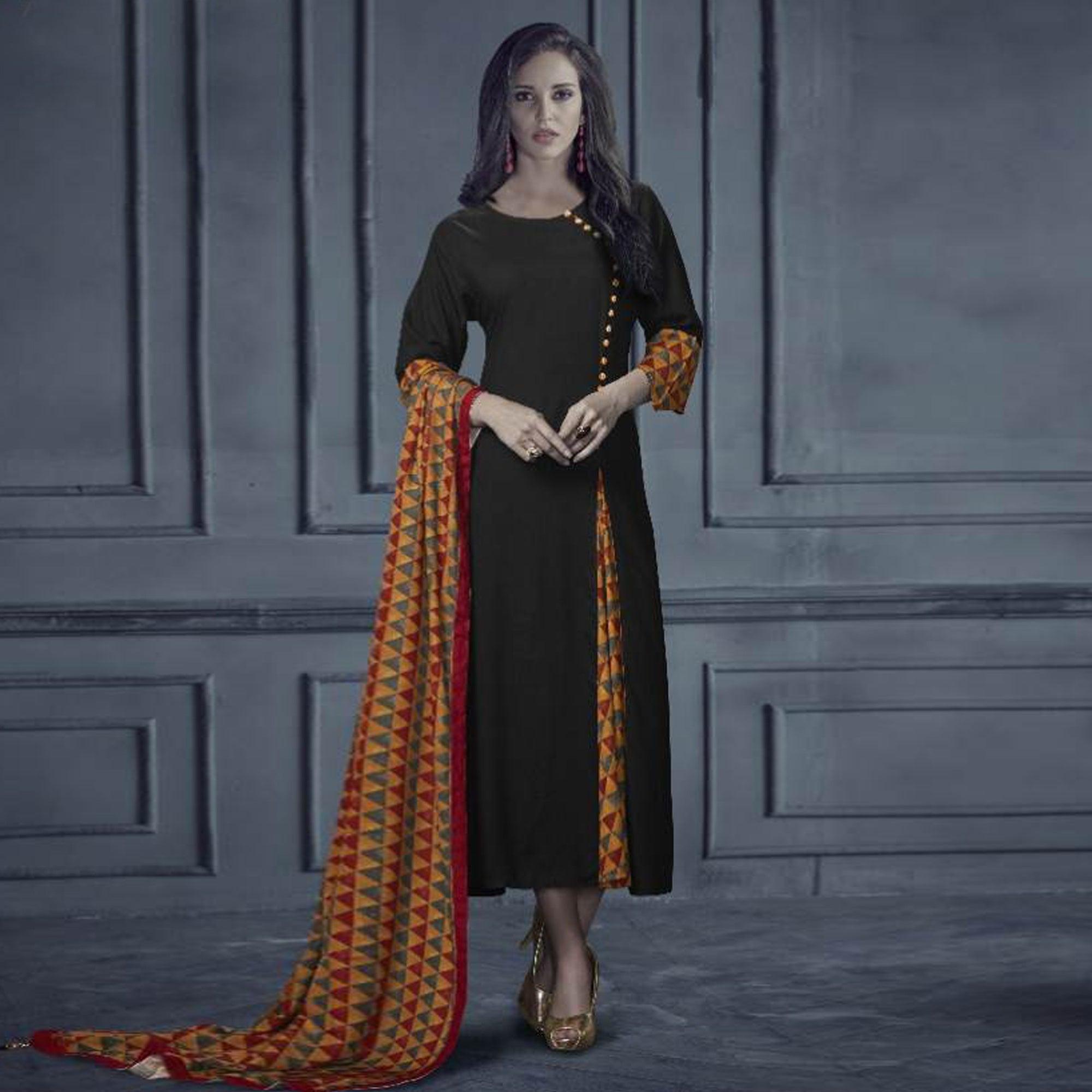 Peachmode Seller Impressive Black Colored Designer Printed Rayon Kurti With Dupatta