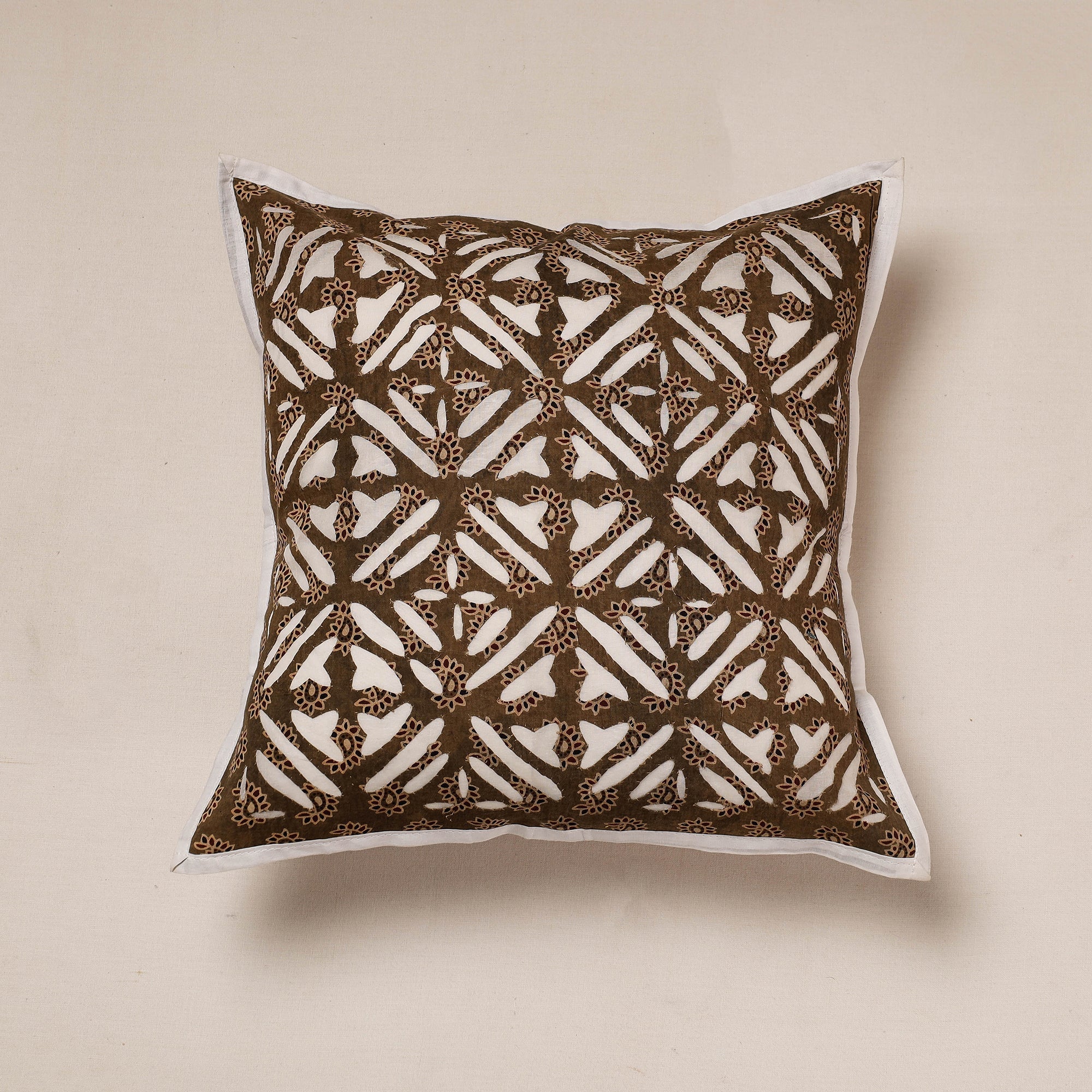 SHADES OF MARUDHARA Brown - Cutwork Cotton Applique Cushion Cover (16 x 16 in)