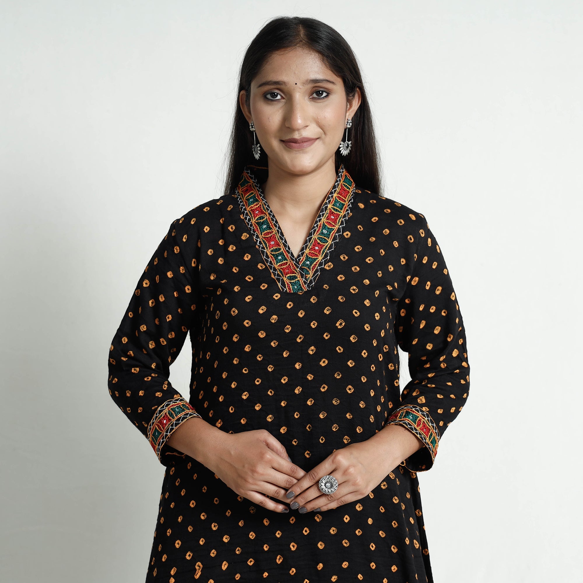 ITOKRI CASUALS Black - Bandhani Tie-Dye Cotton A-Line Kurta