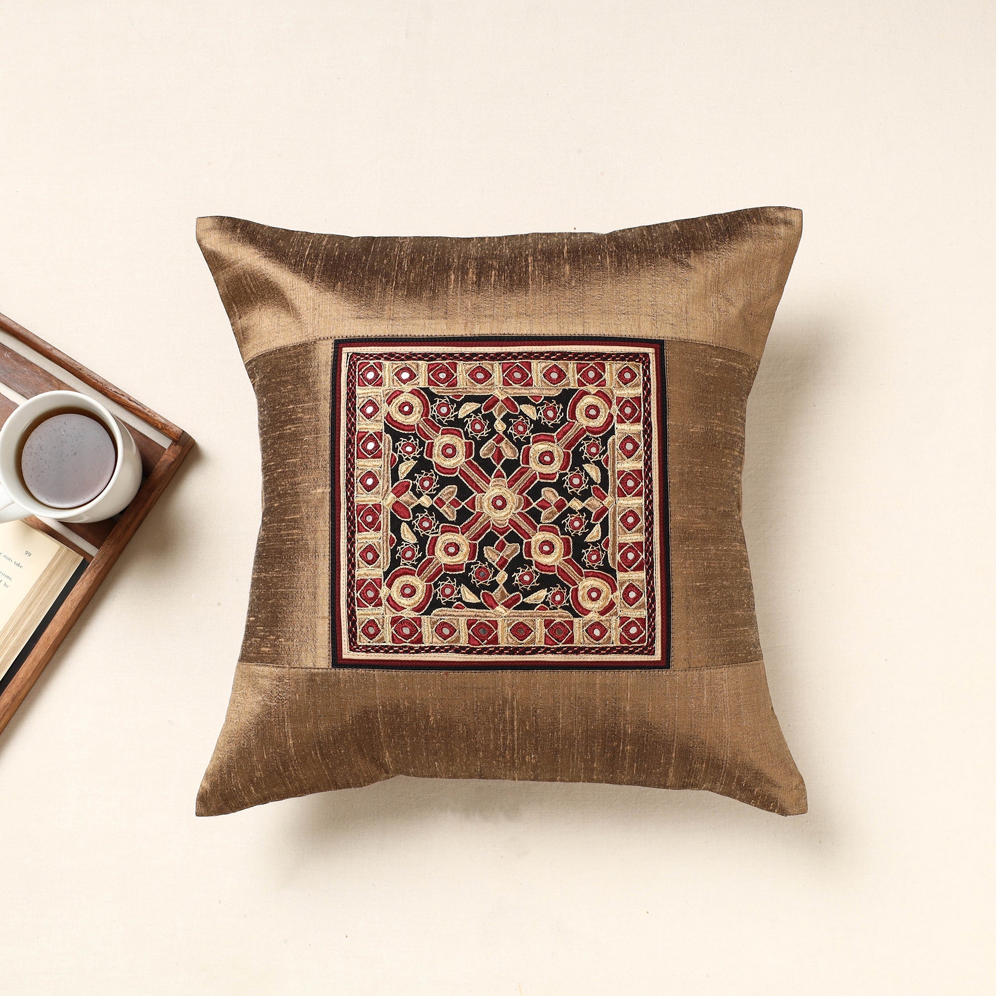 QASAB Brown - Kutch Pakko Hand Embroidery Silk Cushion Cover (16 x 16 in)