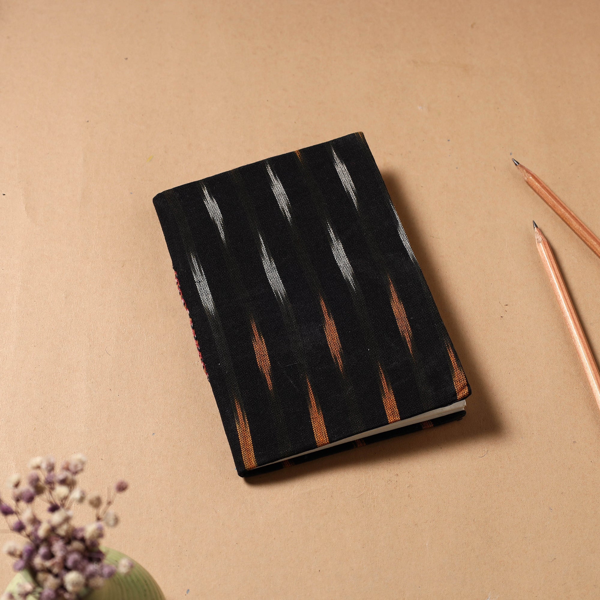 CHUTNEY CRAFT STUDIO Black - Ikat Fabric Cover Handmade Paper Notebook (7 x 5 in)