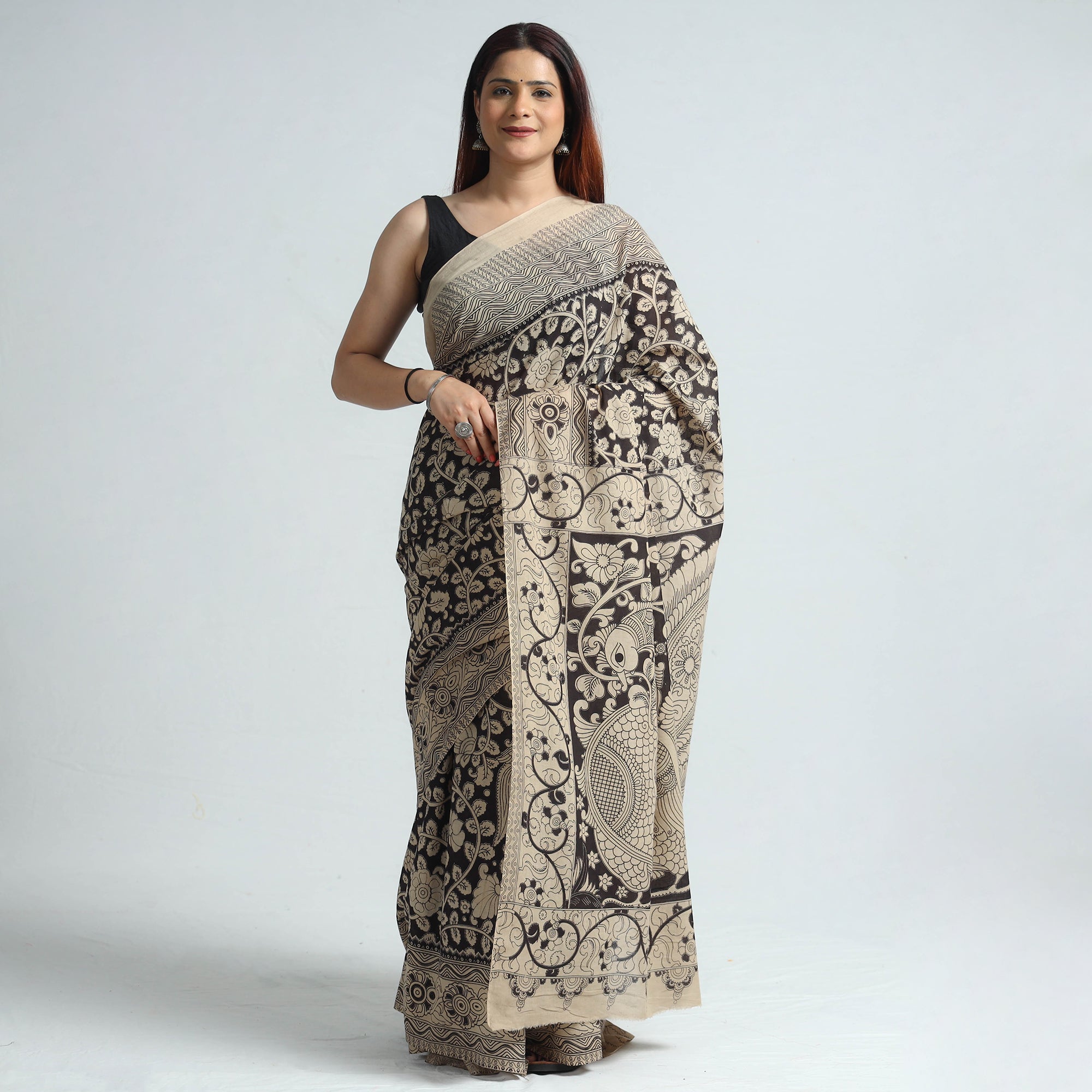 SOUTH KARGHA Black - Kalamkari Printed Cotton Saree with Blouse Piece 01