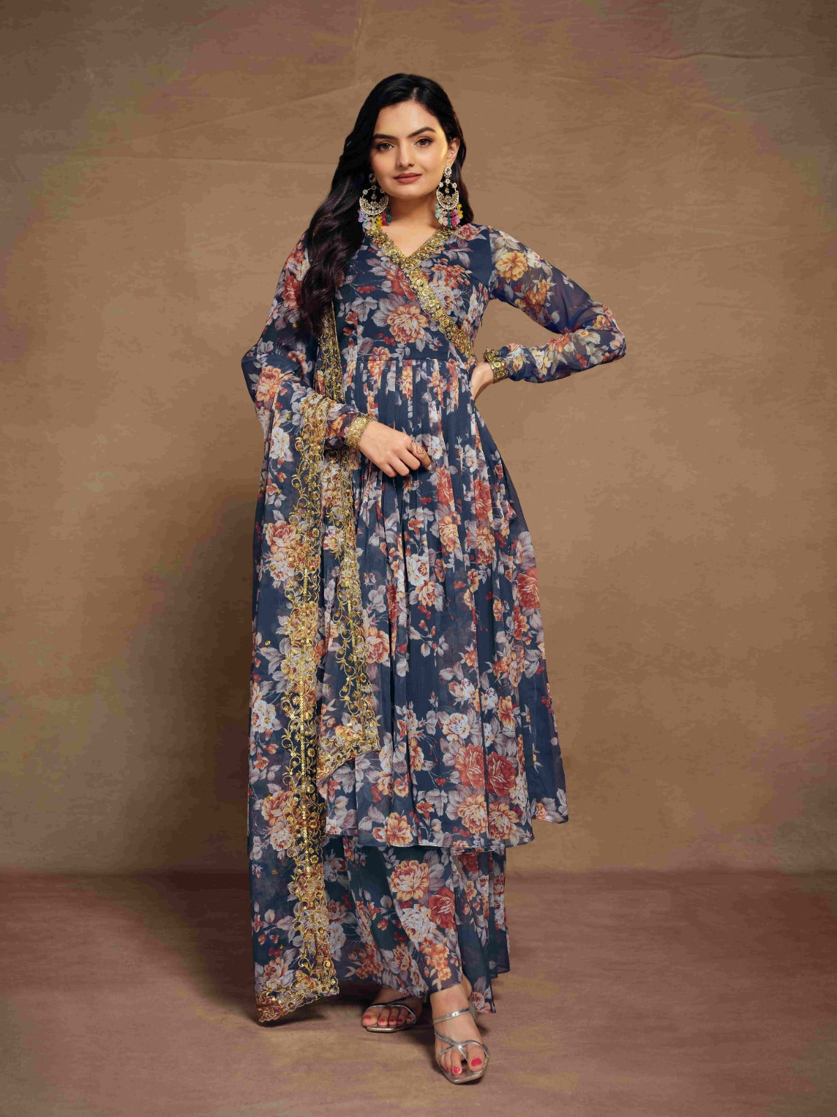 ClothsVilla Blue Chiffon Printed Zari Work Sequence Suit with Palazzo and Dupatta