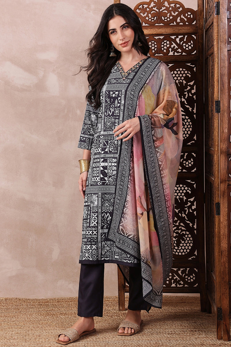Ahika Black Rayon Blend Geometric Printed Straight Trouser Bottom Suit Set PKSKD2542BLK - view 4