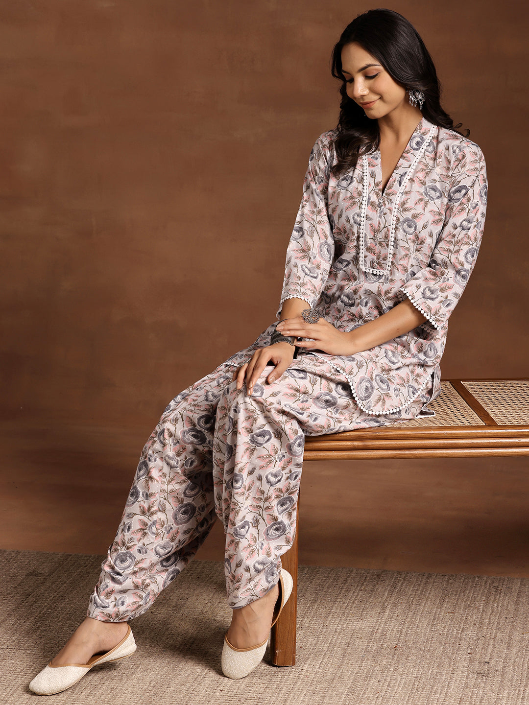 Libas Grey Printed Cotton Straight Kurta Set
