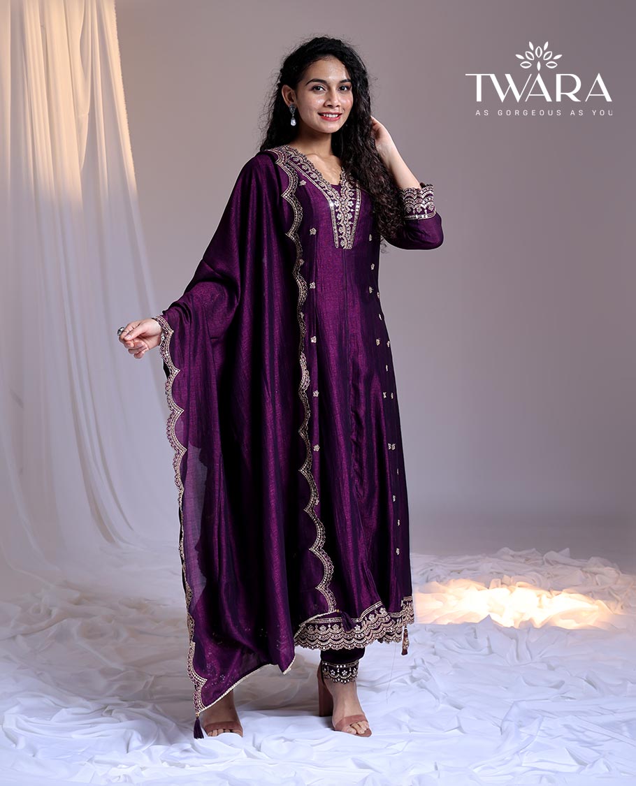 Pothys Twara Purple readymade suit, embroidery 3/4th sleeve v-neck chanderi top, embroidery pants & scallop embroidery dupatta - view 2
