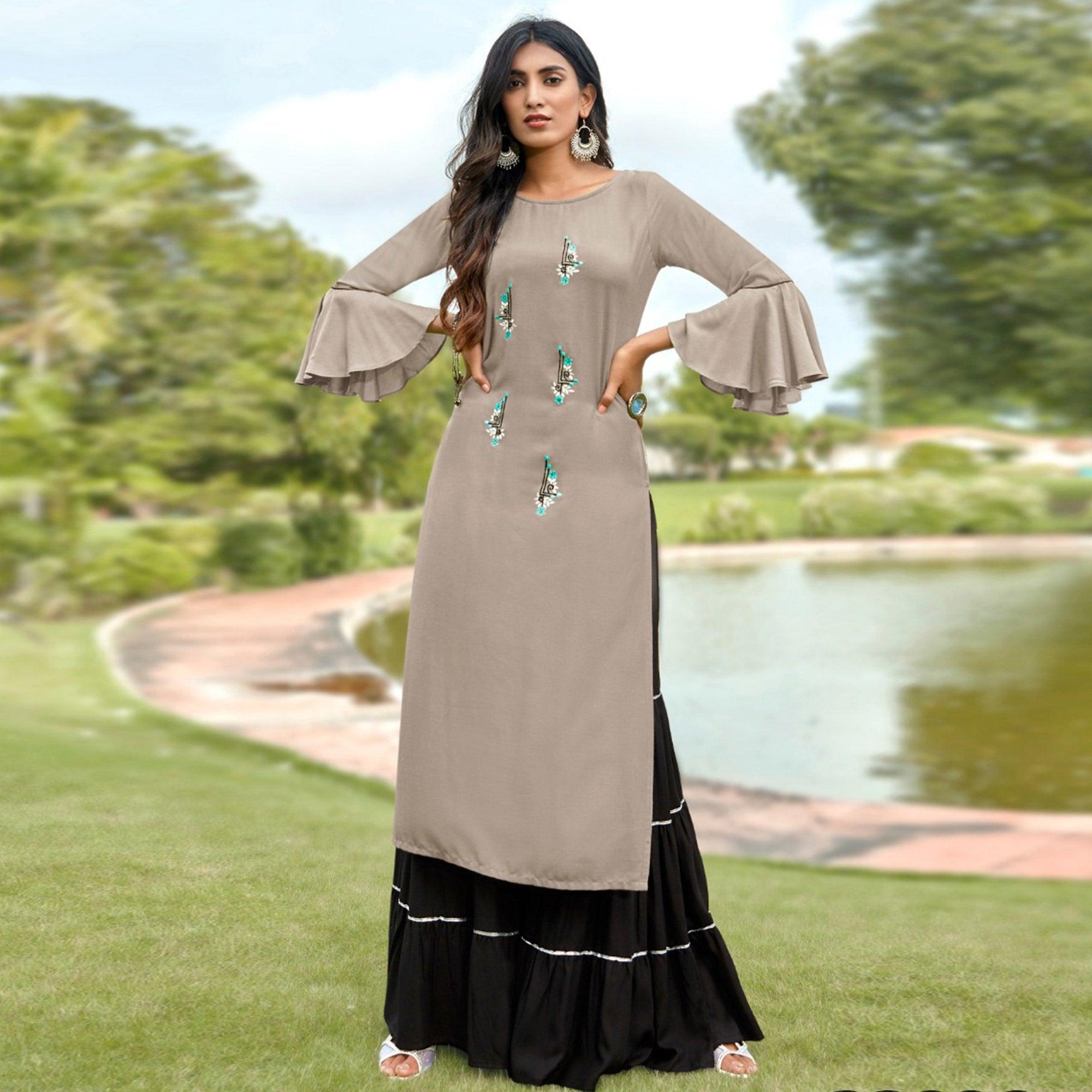 Peachmode Seller Light Grey Casual Wear Embroidered Rayon Palazzo Suit