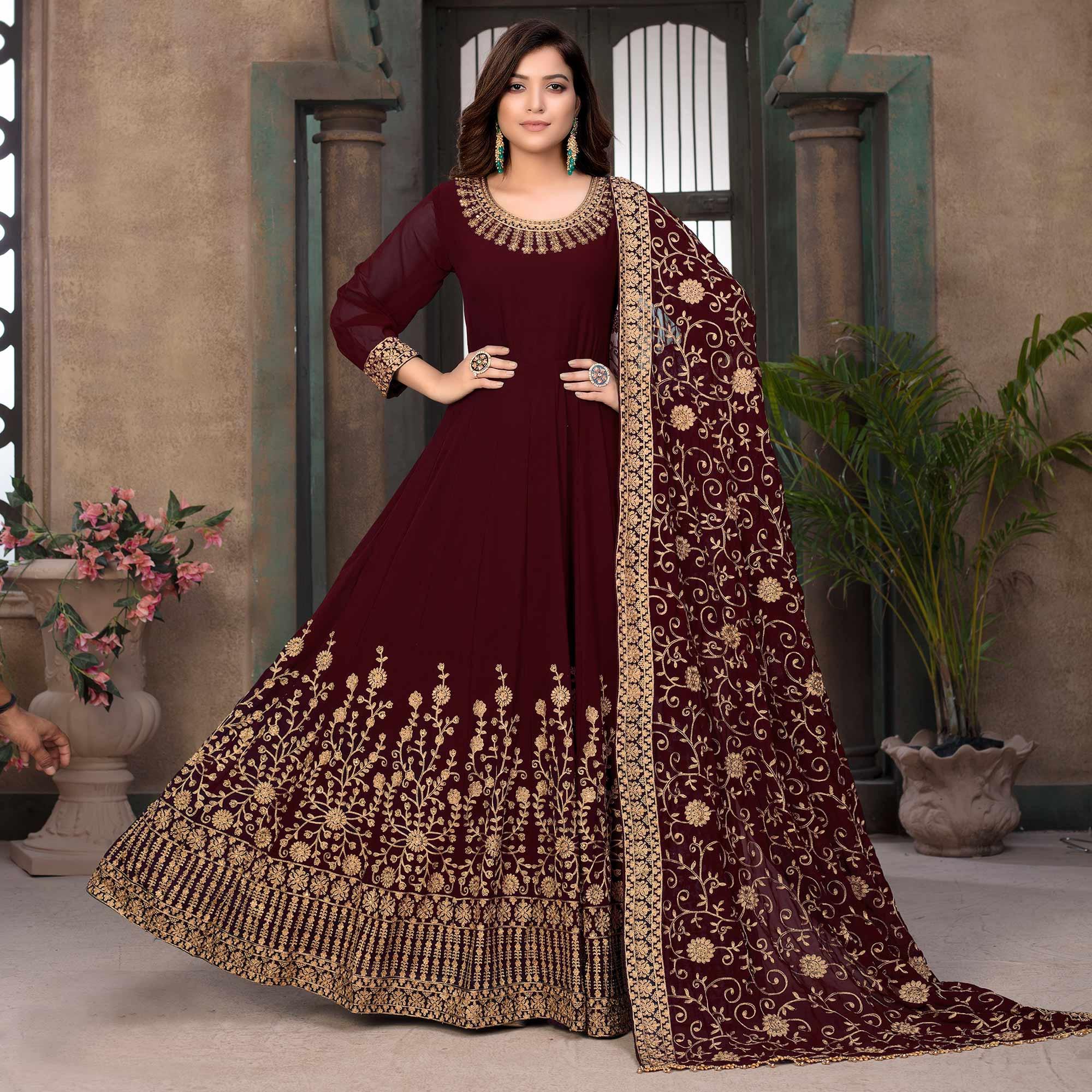 Peachmode Maroon Partywear Embroidered Georgette Anarkali Suit
