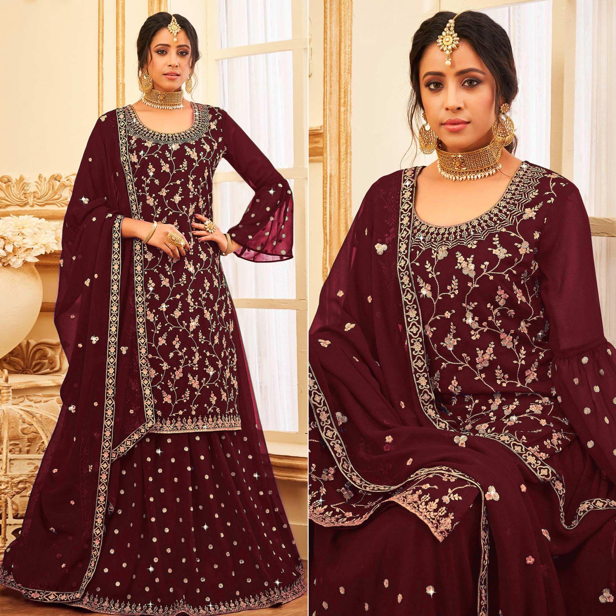 Maroon embroidered embellished – Peachmode Maroon Embroidered With Embellished Georgette Sharara Suit