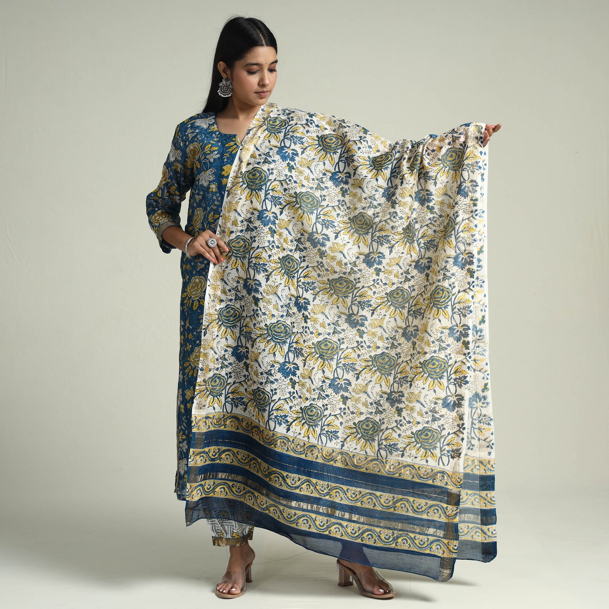 ITOKRI CASUALS Blue - - Sanganeri Block Printed Maheshwari Silk Kurta with Palazzo & Dupatta Set - view 2