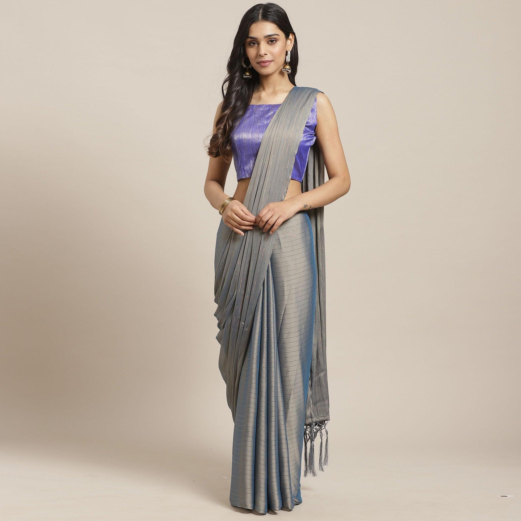 Peachmode Eye-catching Grey Colored Casual Wear Printed Poly Georgette Saree