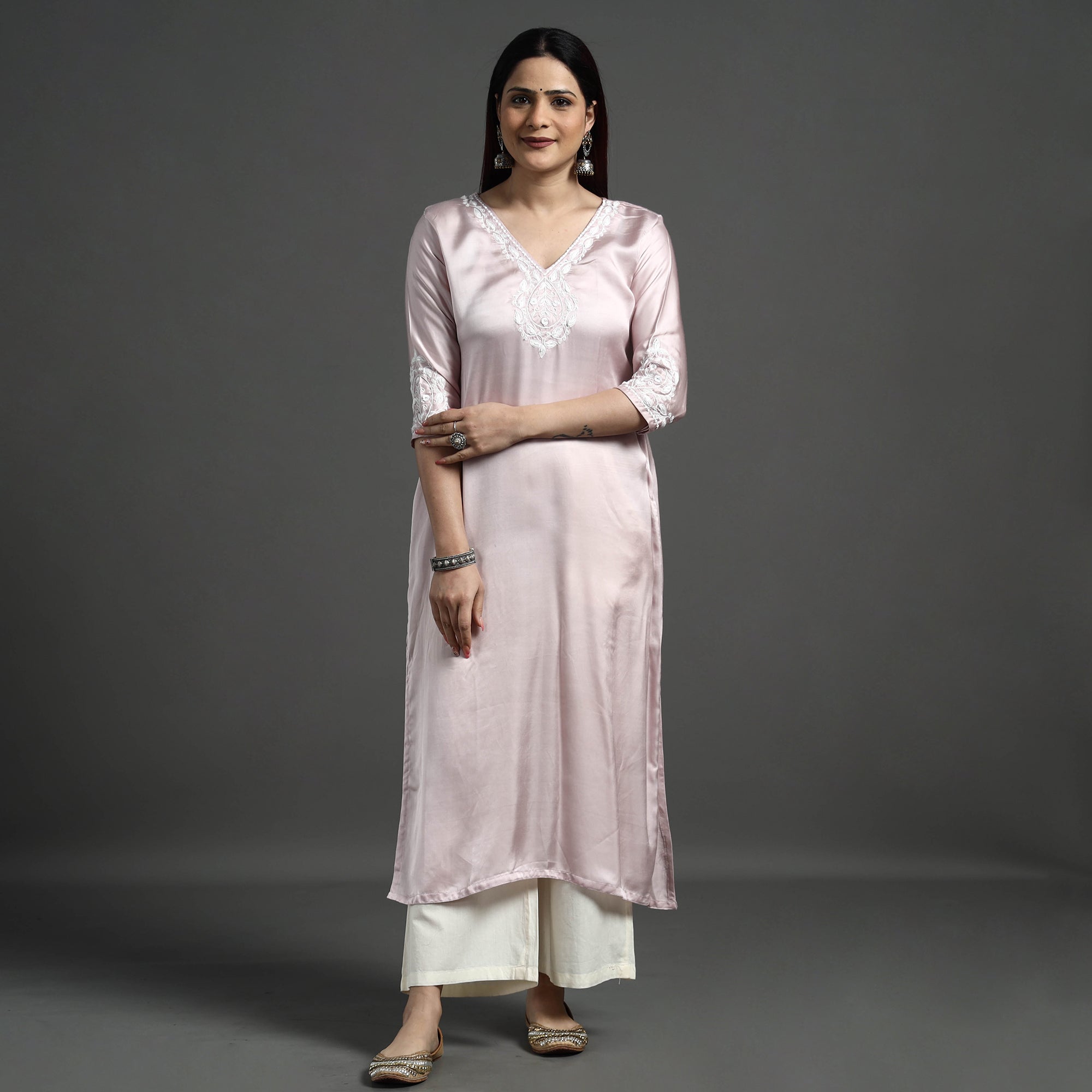 ITOKRI CASUALS Baby Pink - Modal Silk Noori Hand Embroidery Long Straight Kurta - view 2