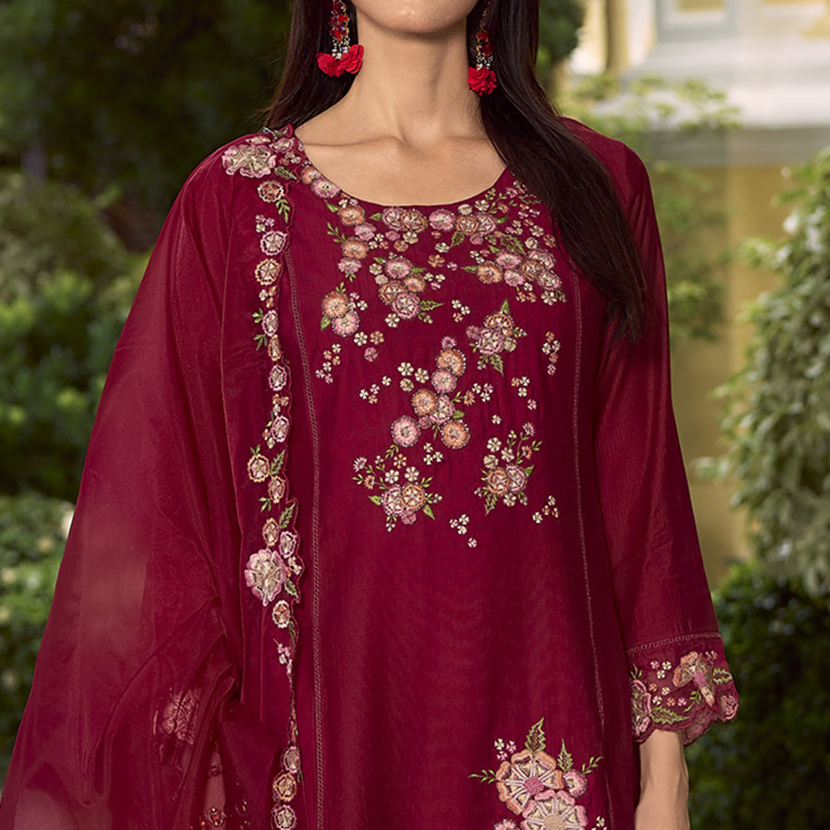 Peachmode Maroon Floral Handwork Embroidered Viscose Salwar Suit - view 3