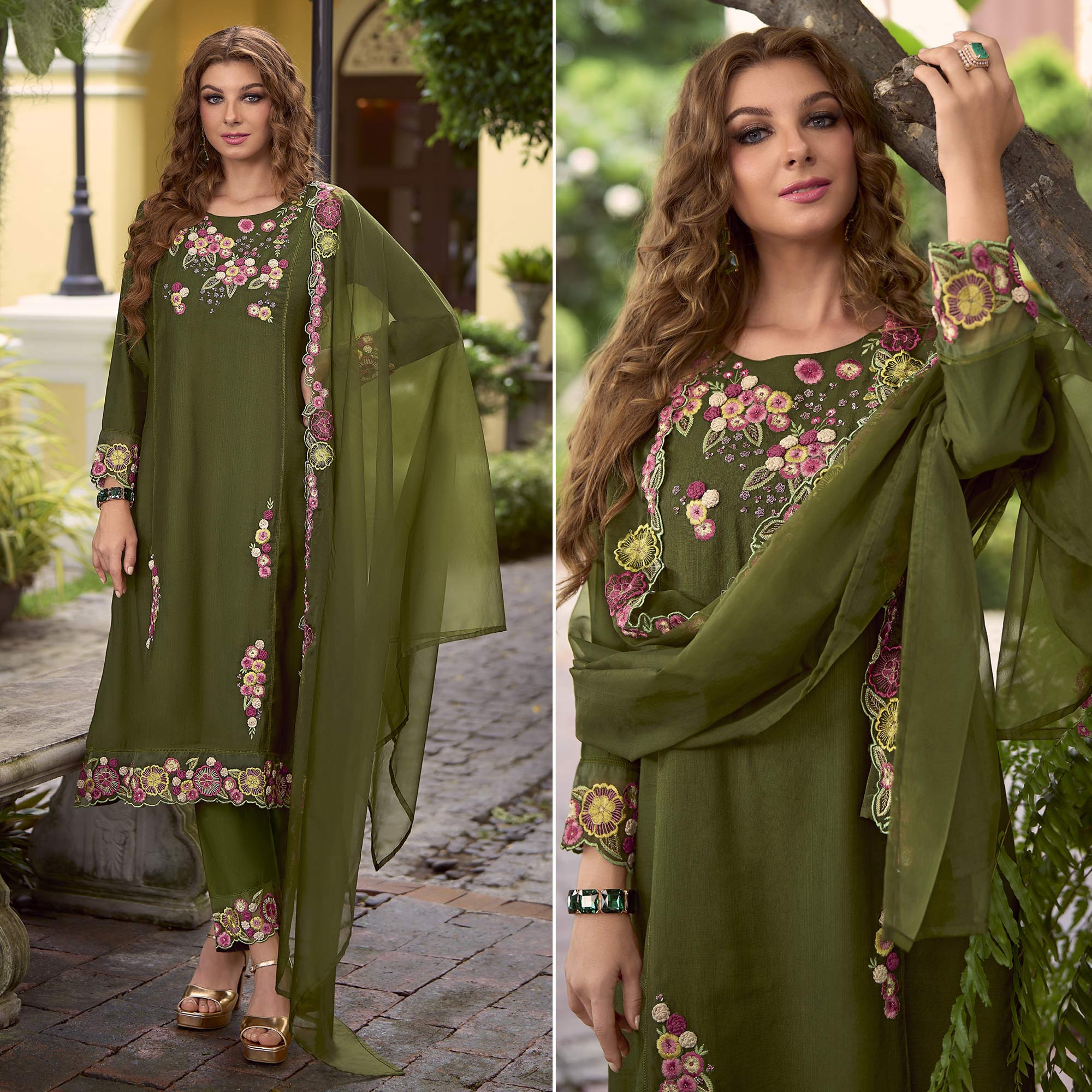 Green salwar suits – BlackTree green-floral-handwork-embroidered-viscose-salwar-suit