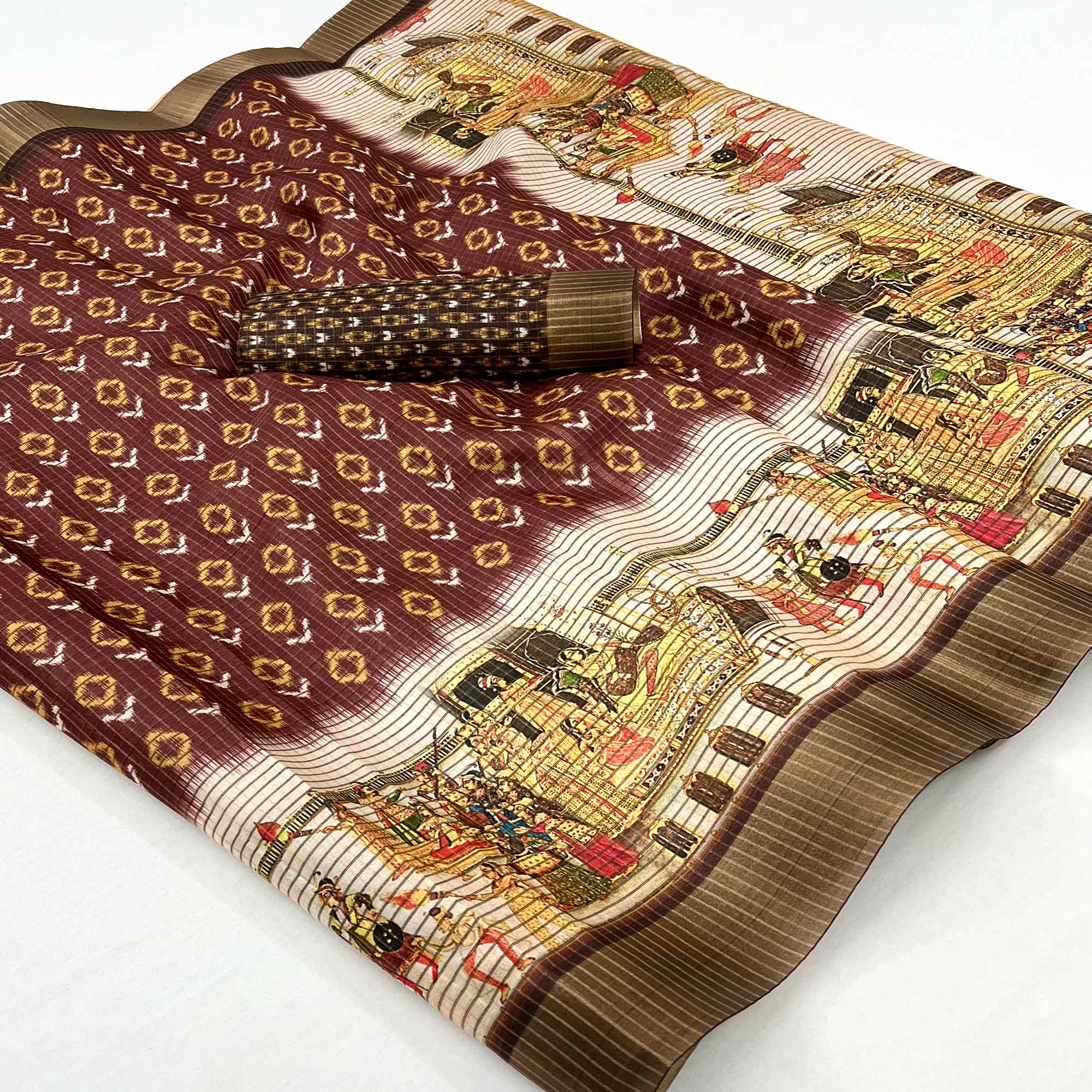 Peachmode Brown Digital Printed With Woven Border Cotton Silk Saree