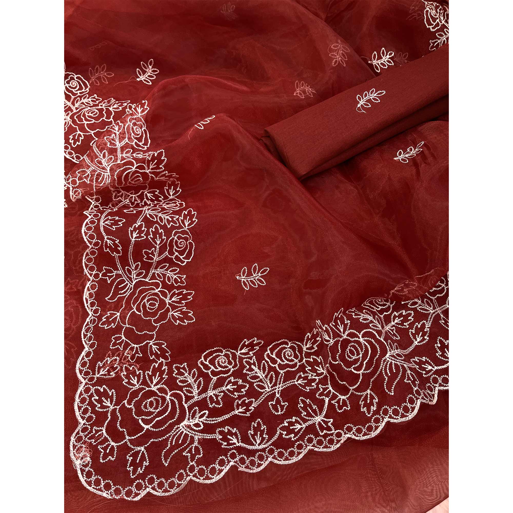 Peachmode Maroon Floral Embroidered Organza Saree - view 4