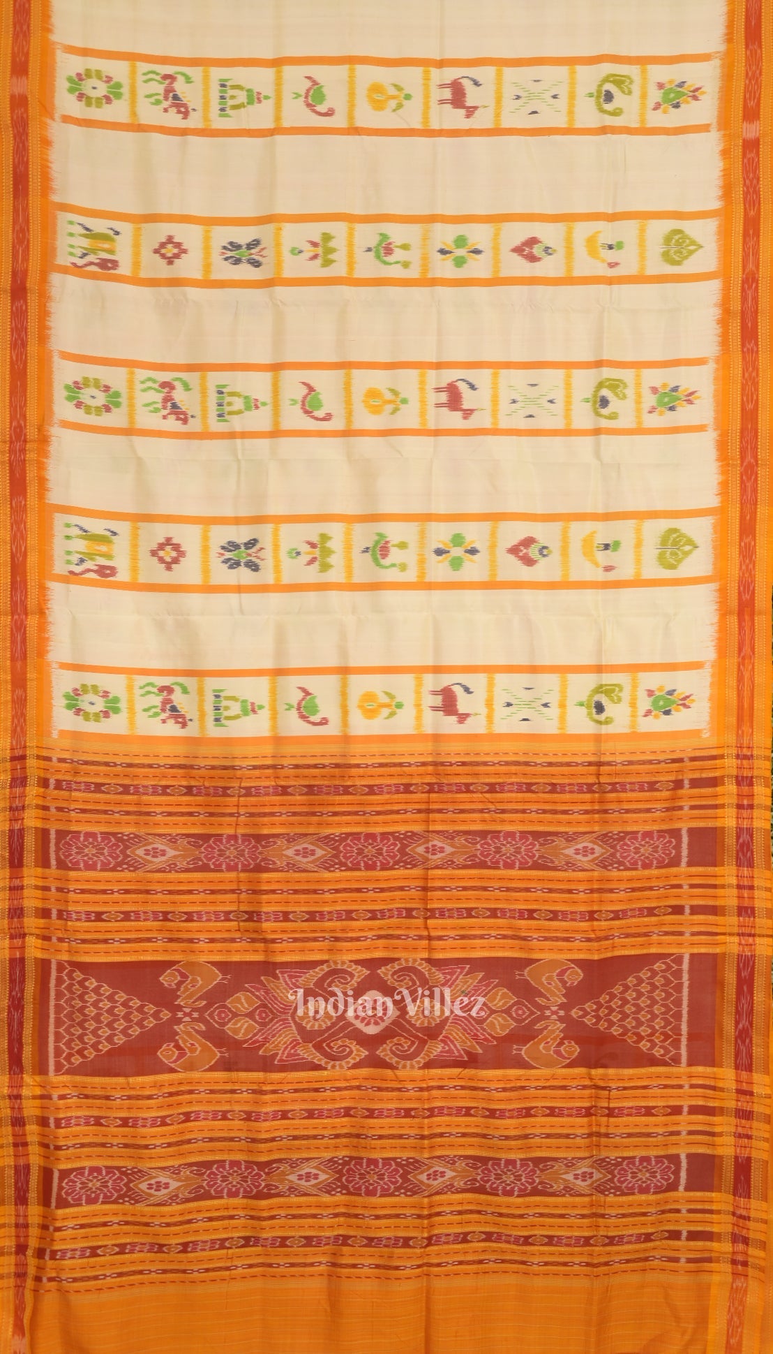 IndianVillèz White Yellow Nabakothi Khandua Silk Saree
