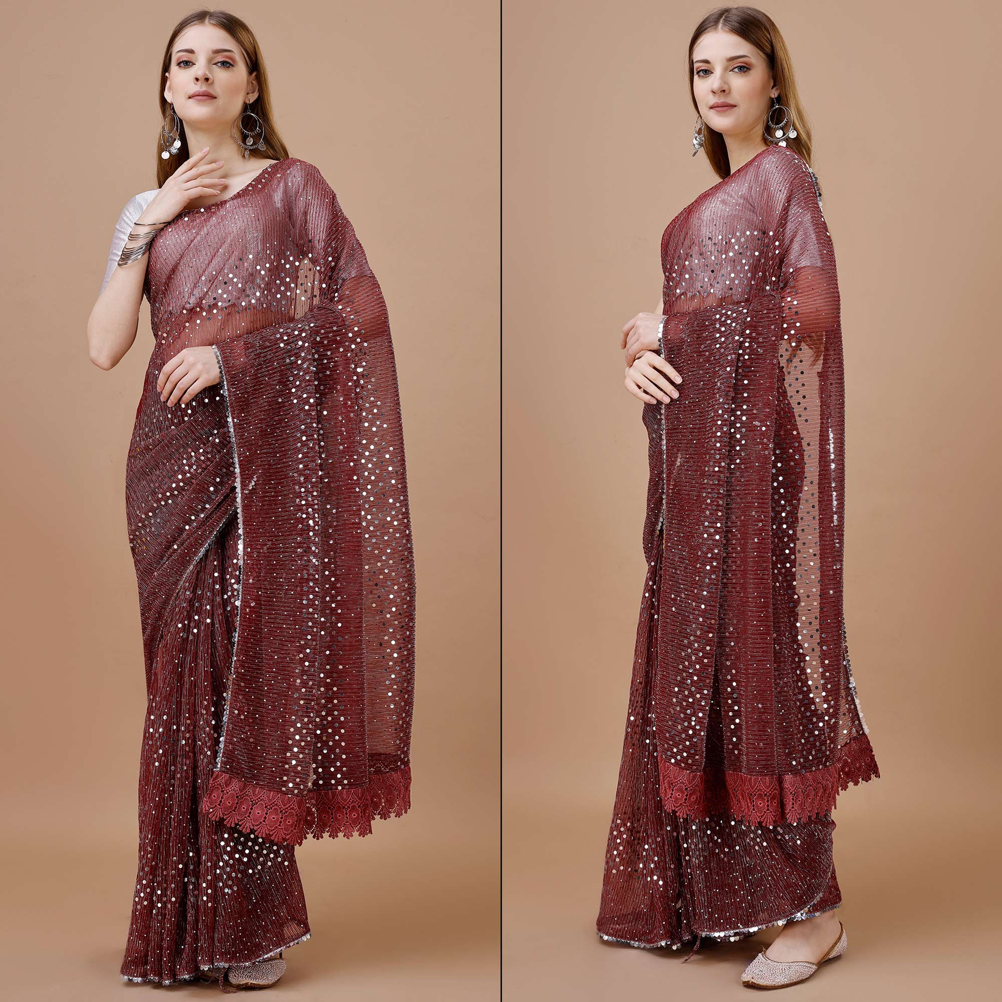 Peachmode Maroon Sequins Embroidered Lycra Saree