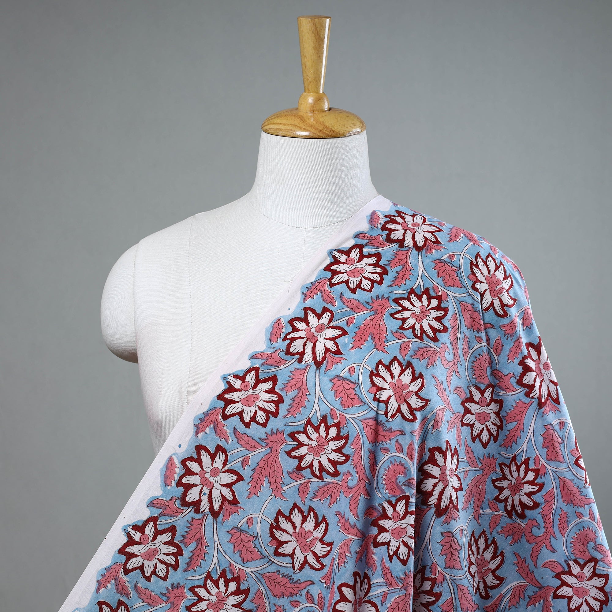 ARTISAN HAND BLOCK PRINTS Blue - Floral Sanganeri Block Print Cotton Fabric 11