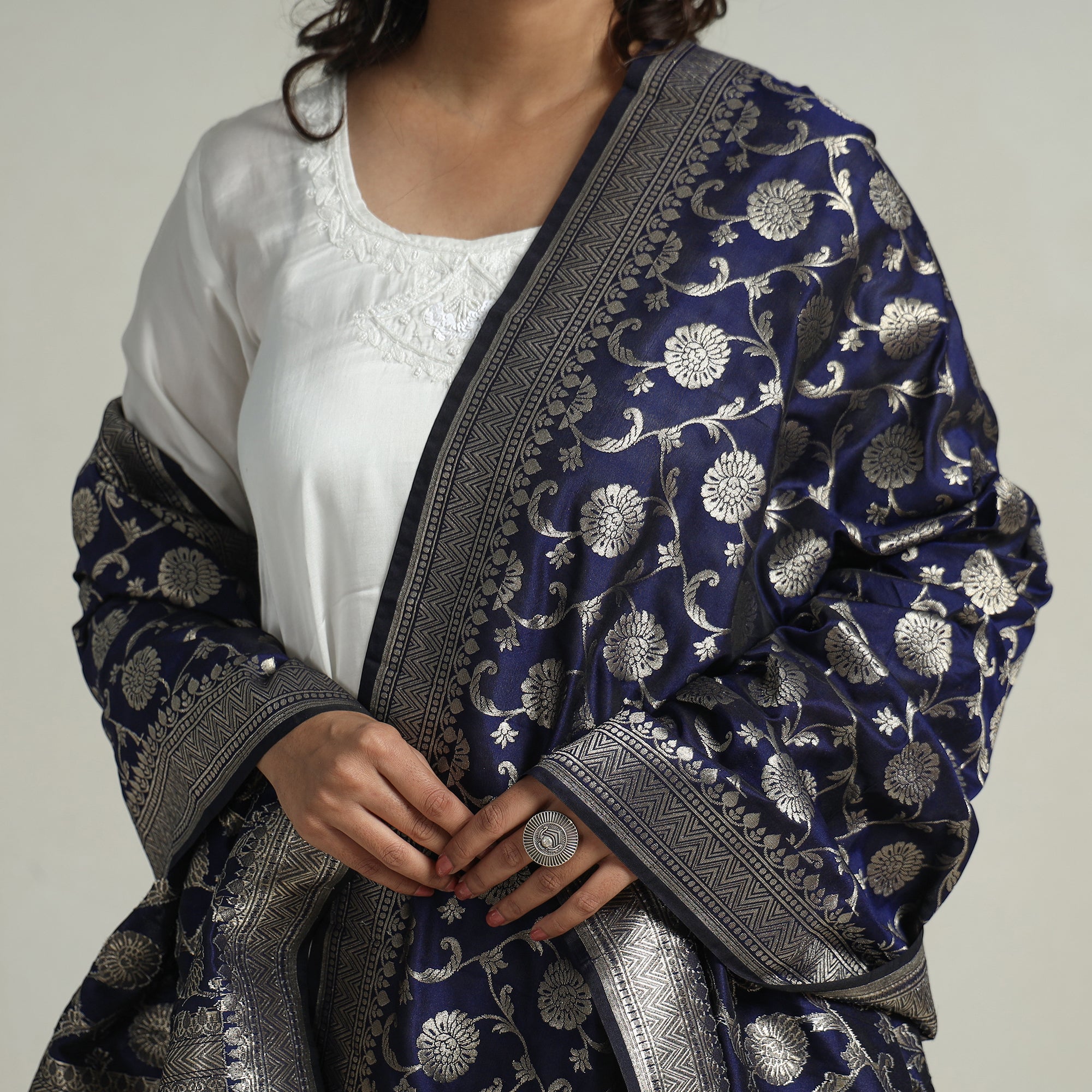 BANARASI BY MAQBUL HASAN Blue - Banarasi Semi Silk Zari Jaal Dupatta with Tassels 85 - view 3