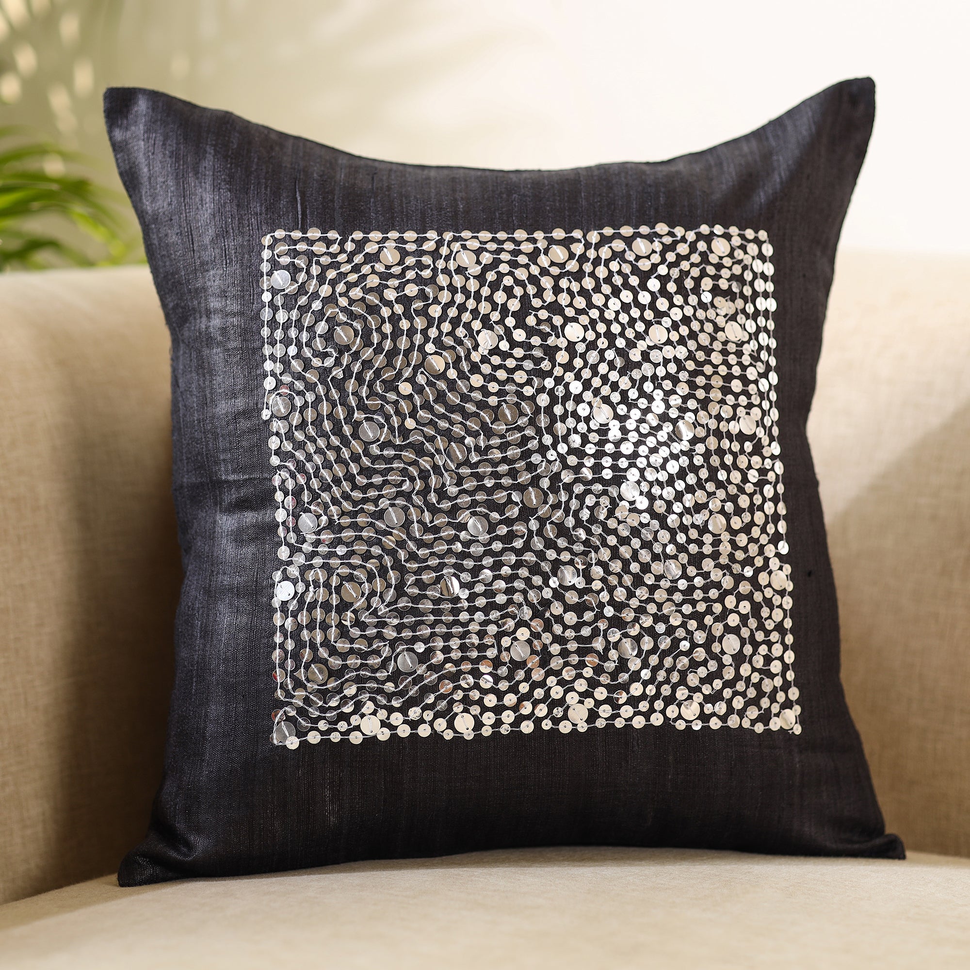 CHHATTISGARH HASTSHILP VIKAS BOARD Black - Aari Embroidery Sequin Work Ghicha Silk Cushion Cover (16 x 16 in) - view 2