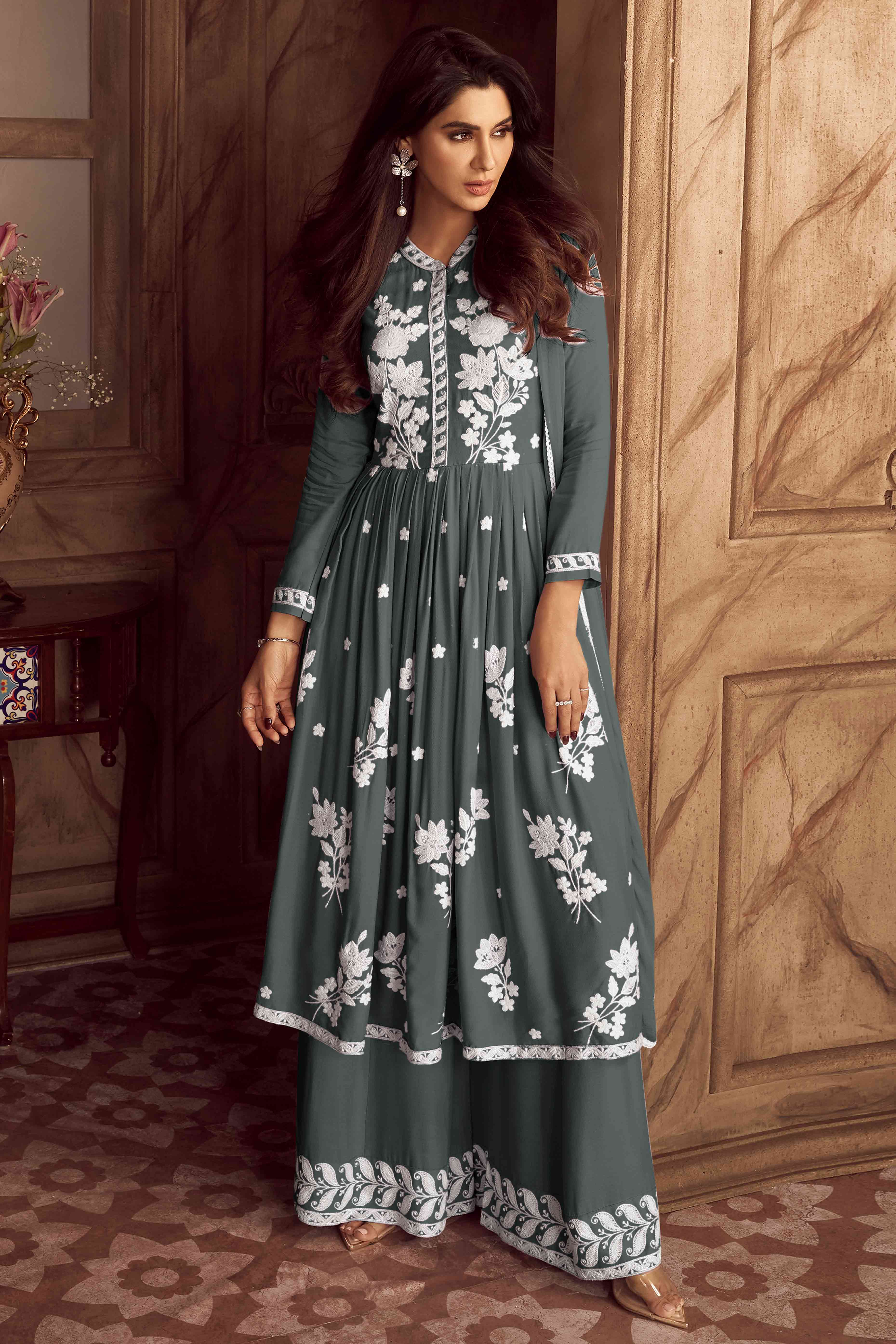 Grey trousers – BlackTree grey-lucknowi-embroidered-rayon-palazzo-suit