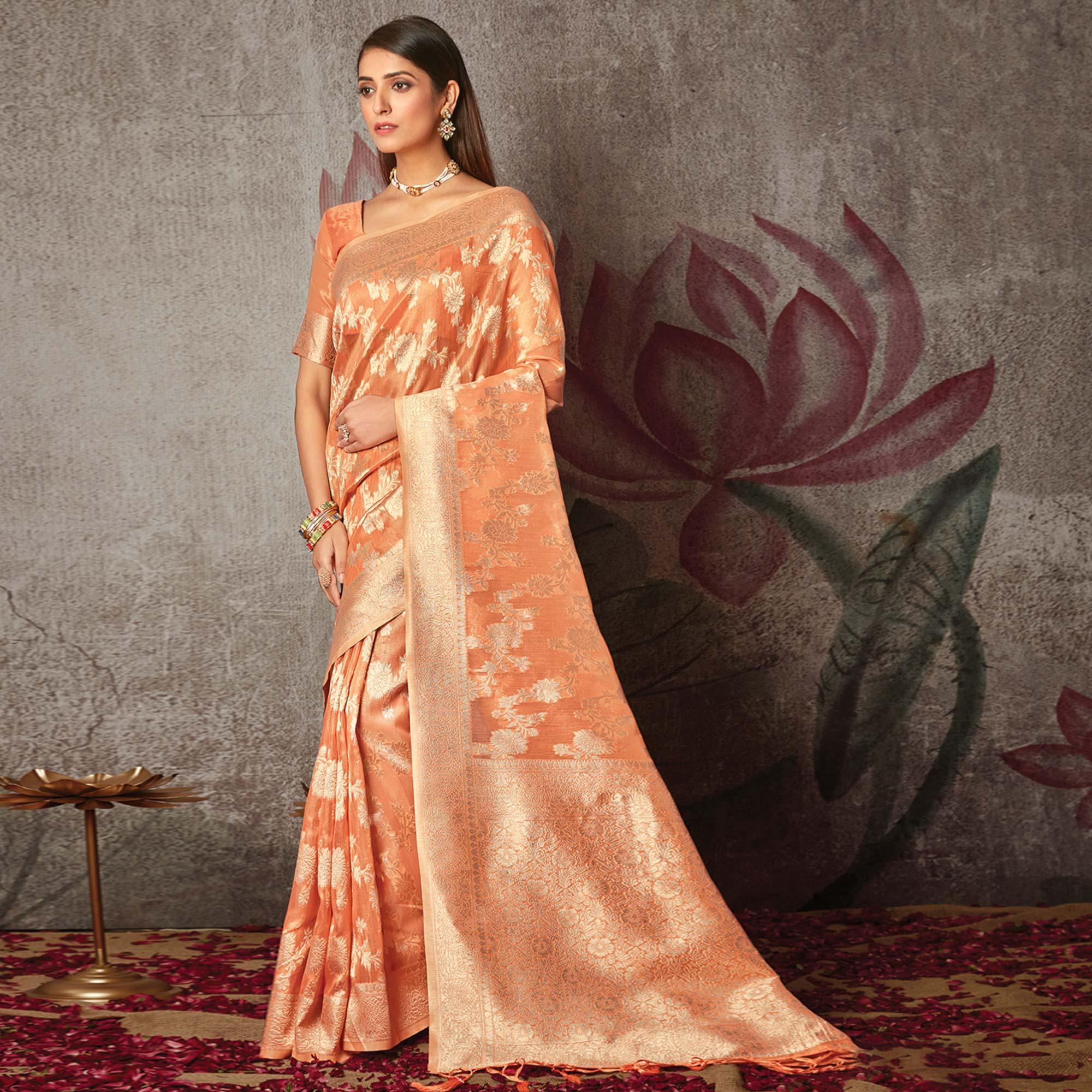 Peachmode Light Peach Woven Art Silk Saree With Tassels