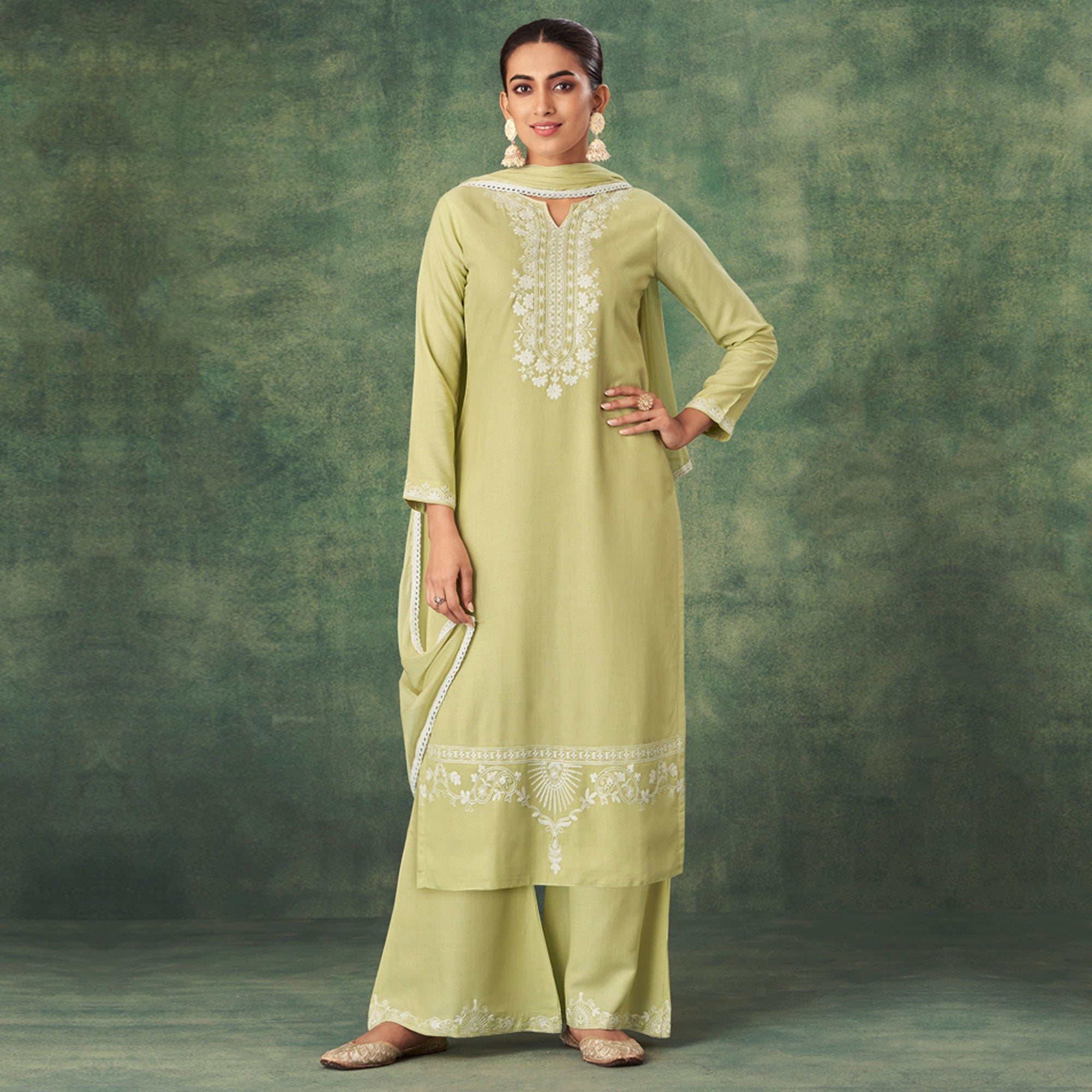 BlackTree green-floral-lucknowi-rayon-palazzo-suit - view 2