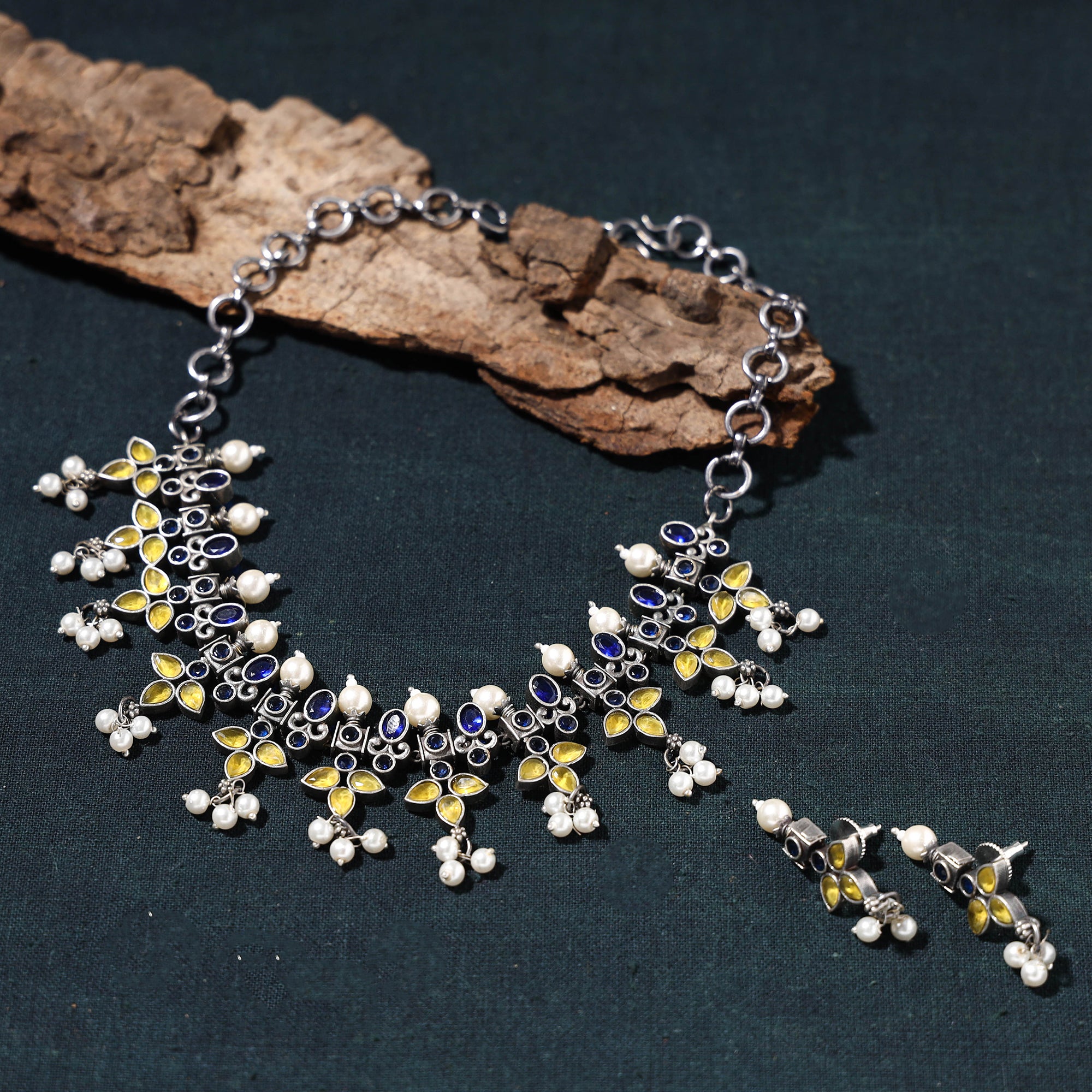 WHITE RIVER STORIES Antique Silver Finish Oxidised Brass Base Stone Work Choker Necklace Set - view 2