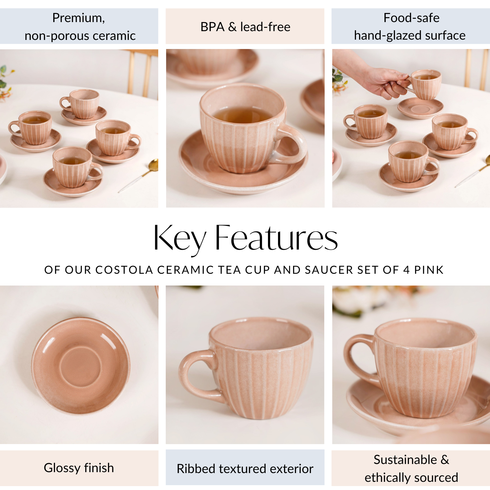 Nestasia Costola Ceramic Tea Cup And Saucer Set Of 4 Pink 125ml - view 5