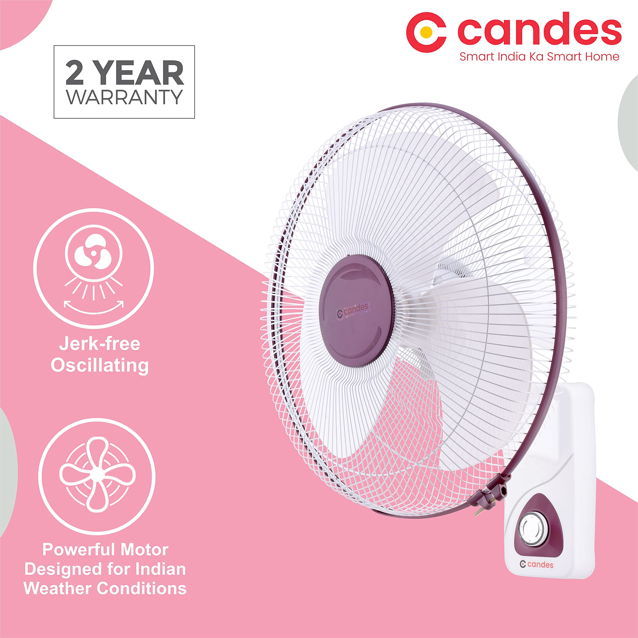 Candes Aura 3 Blade Automatic Oscillation Wall Fan With 2 Year Warranty (White Cherry, 400mm) - view 2