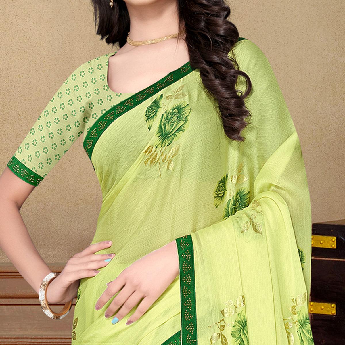 Peachmode Lemon Green Partywear Foil Printed & Embellished Moss Chiffon Saree - view 2