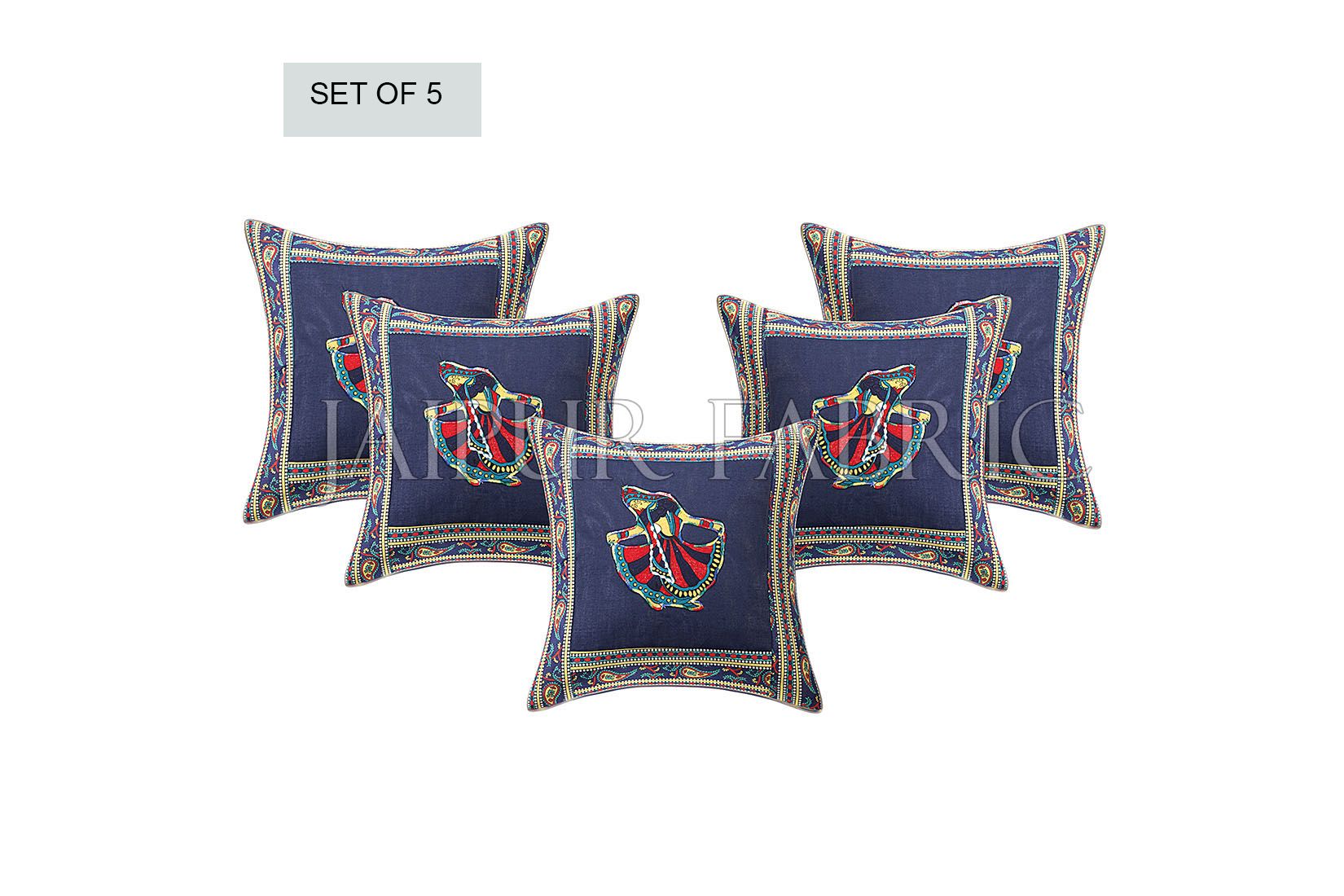 Patchwork applique cushion – JaipurFabric® Blue Gujri Dance Design Patchwork & Applique Cushion Cover