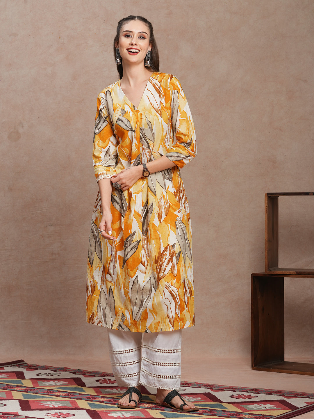 FASHOR Abstract Floral Printed A-Line Kurta - Yellow - view 3